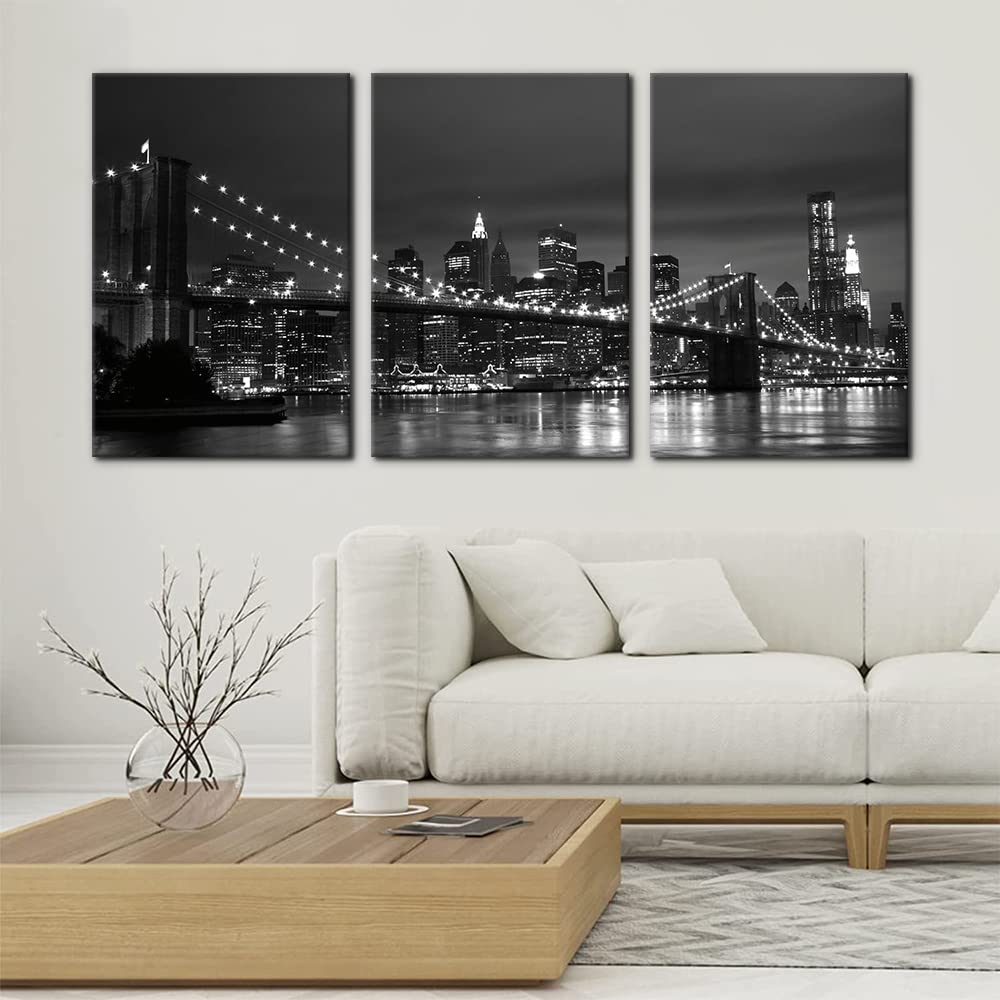 Pacimo New York Brooklyn Bridge Canvas Wall Art 3 Panels Night View Modern Landscape Artwork Cityscape Pictures Prints On Canvas