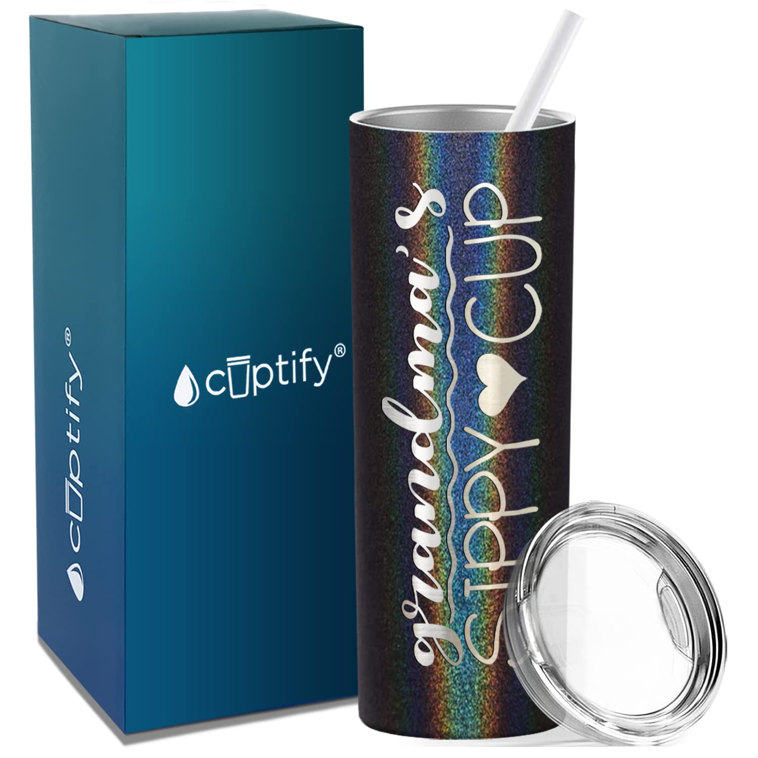 Grandma'S Sippy Cup Skinny Tumbler With Lid And Straw Laser Engraved On Black Glitter 20 Oz Insulated Stainless Steel Funny Birt