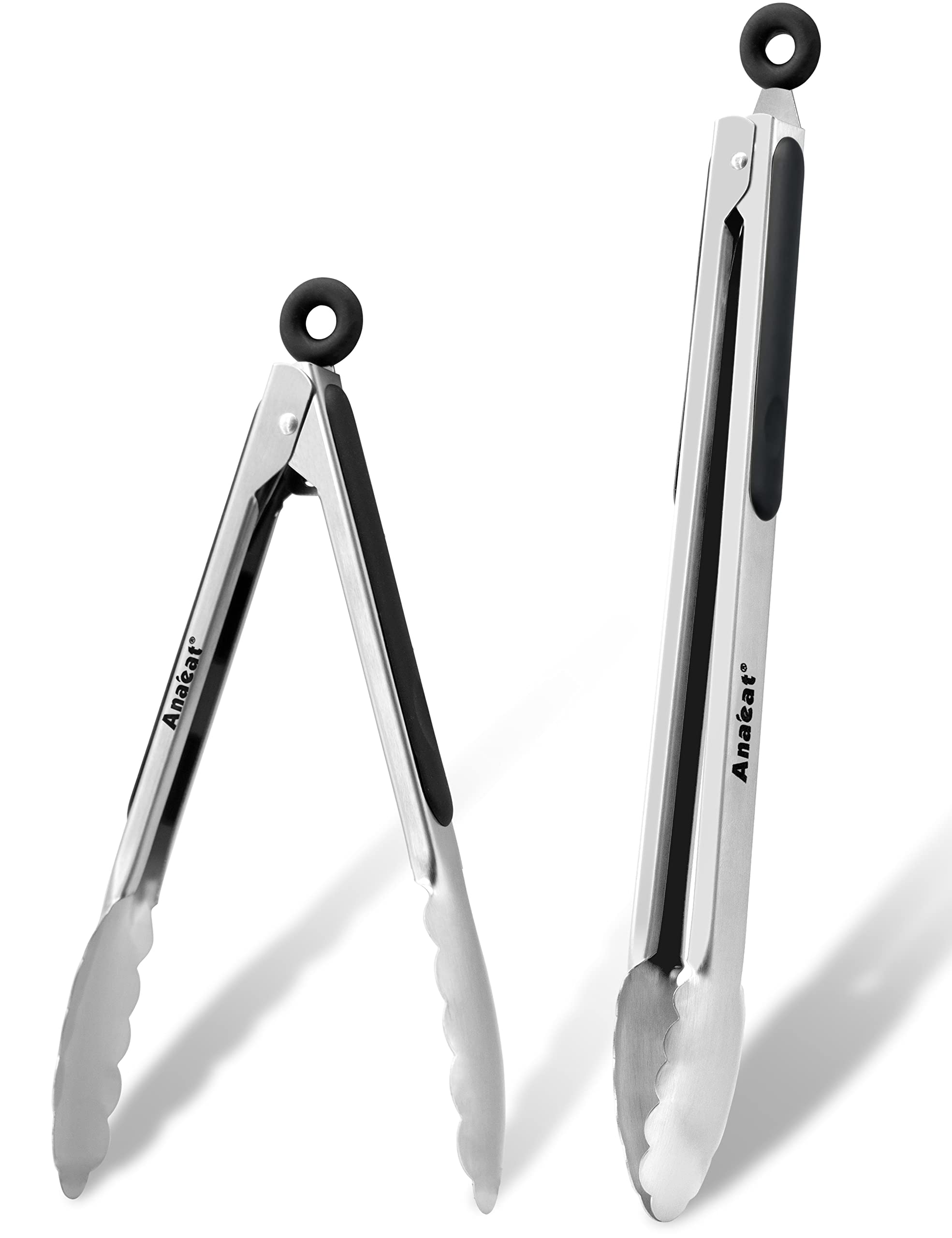 Anaeat Premium Stainless Steel Kitchen Tong Set Of 2 - Sturdy Coiled Spring 9'' And 12'' Locking Food Tong With Non-Slip Silicon