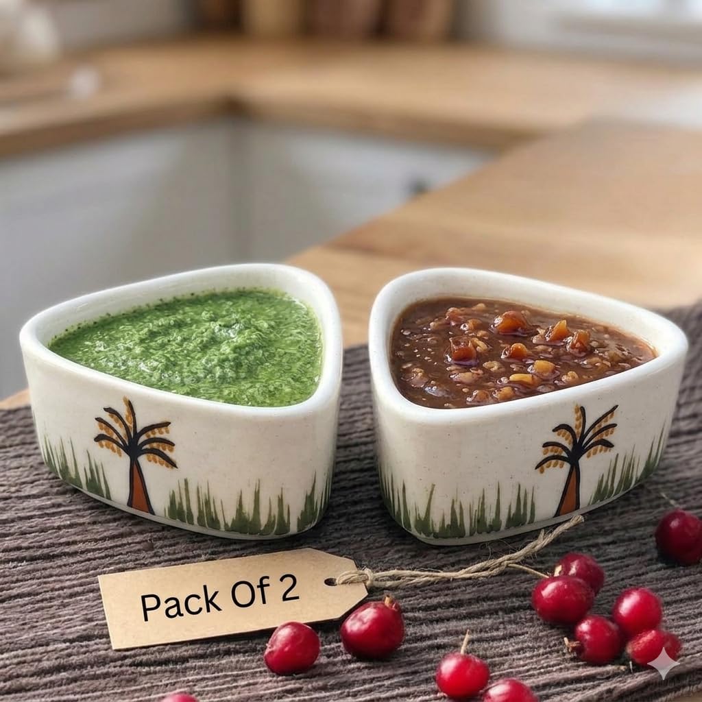 Rafoleen Ceramic Triangle Shape Serving Bowls (Pack Of 2) With Khajoor Tree Design | Chutney Bowl, Sauce Bowl, Pickle Bowl, Dip 
