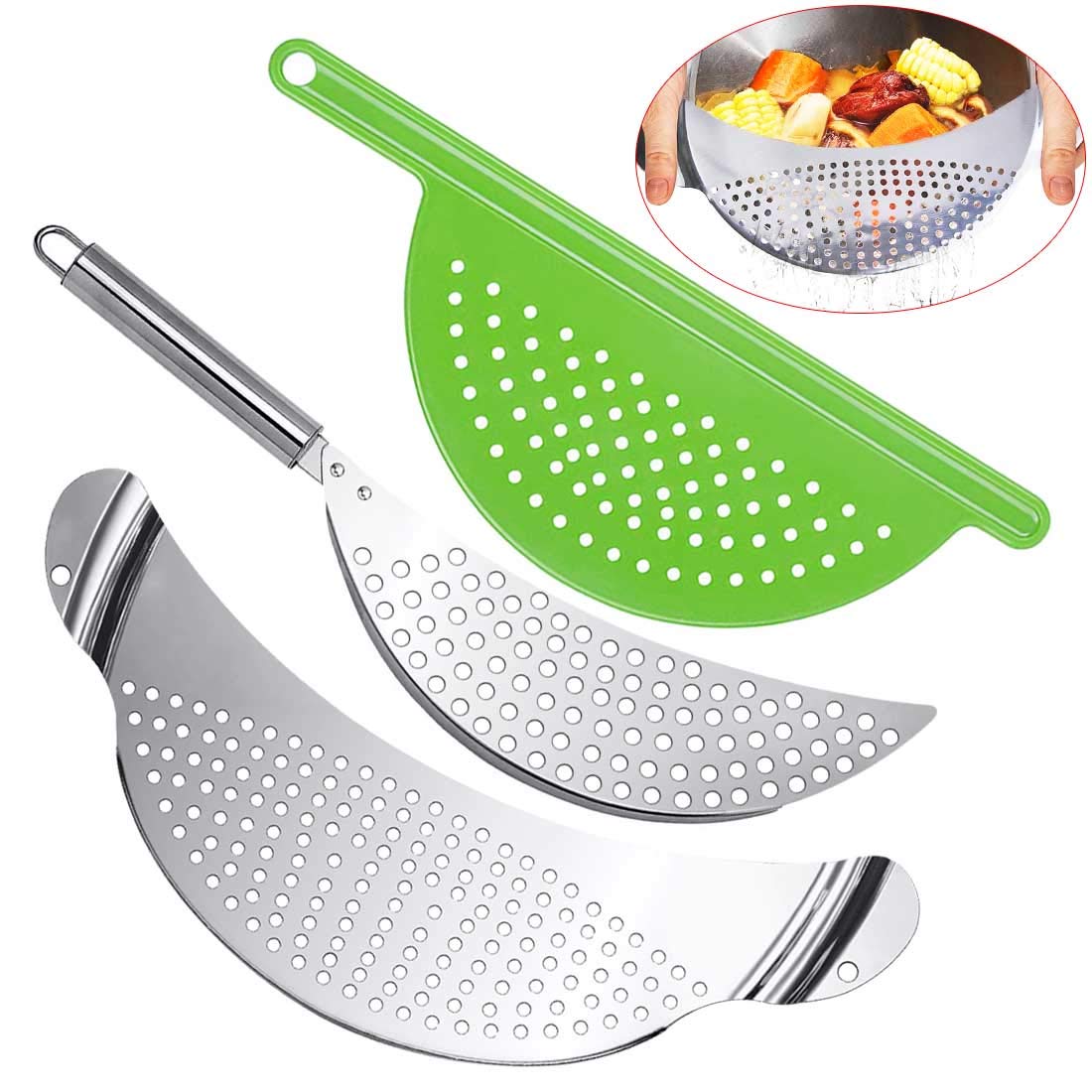 3Pcs Stainless Steel Pot Strainer, Pasta Strainer Hand Held Pot Drainer With Handle, Crescent Pot Strainer Fits Up To 9'' Pots F