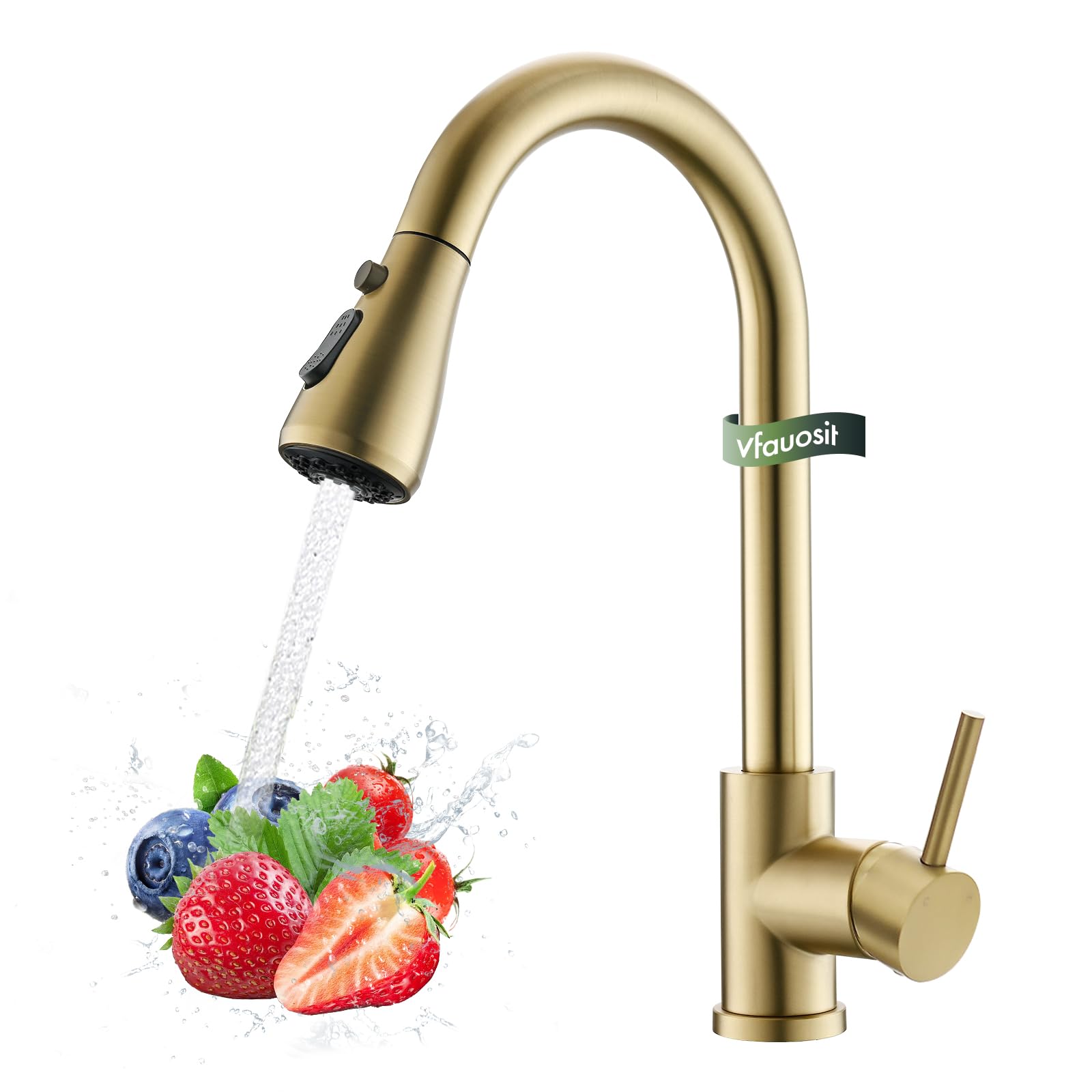 Gold Kitchen Faucet, Brass Kitchen Faucet with Pull Down Sprayer, Single Hole Stainless Steel Brushed Gold Faucet for 3 Hole Kit