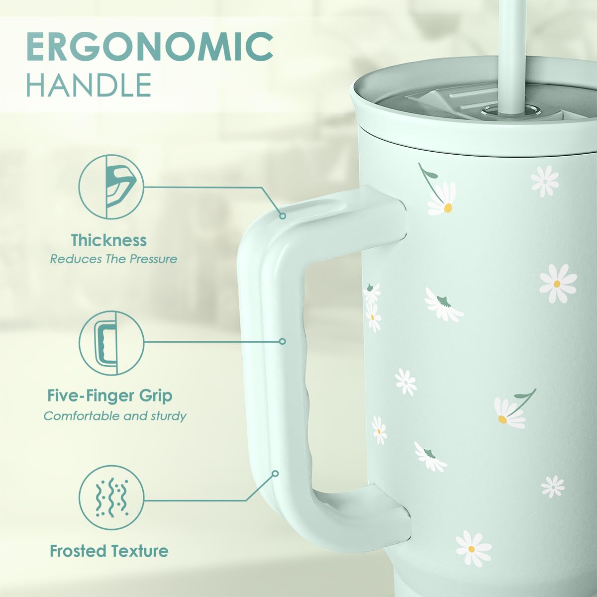 Daisy 40oz Tumbler with Handle and Straw - Flower Insulated Stainless Steel Travel Coffee Mug for Women Girls - Gift Idea for Bi