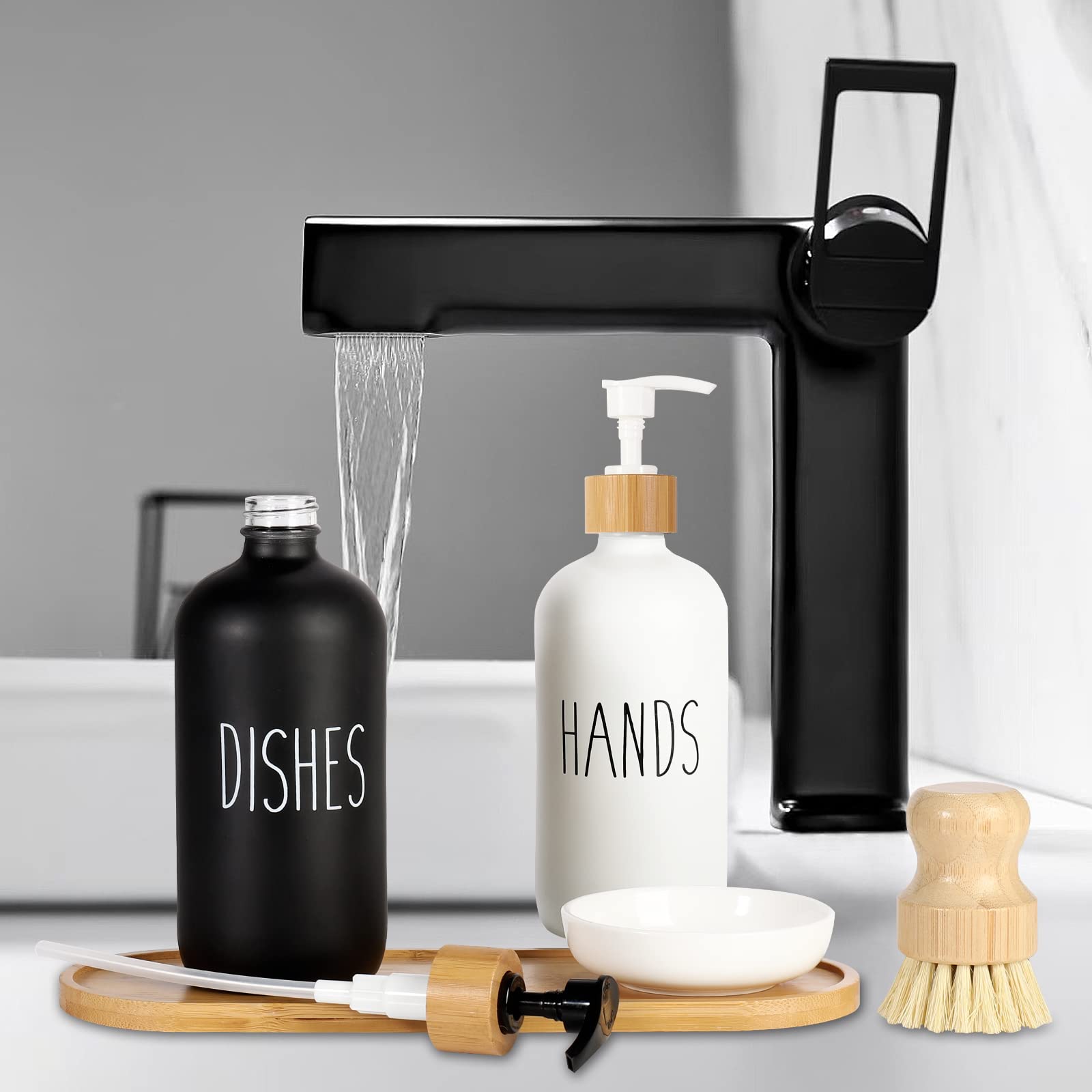 Hand And Dish Soap Dispenser Set, Hand Soap Dispenser For Kitchen, Glass Soap Dispenser With Tray And Bamboo Dish Brush, Kitchen