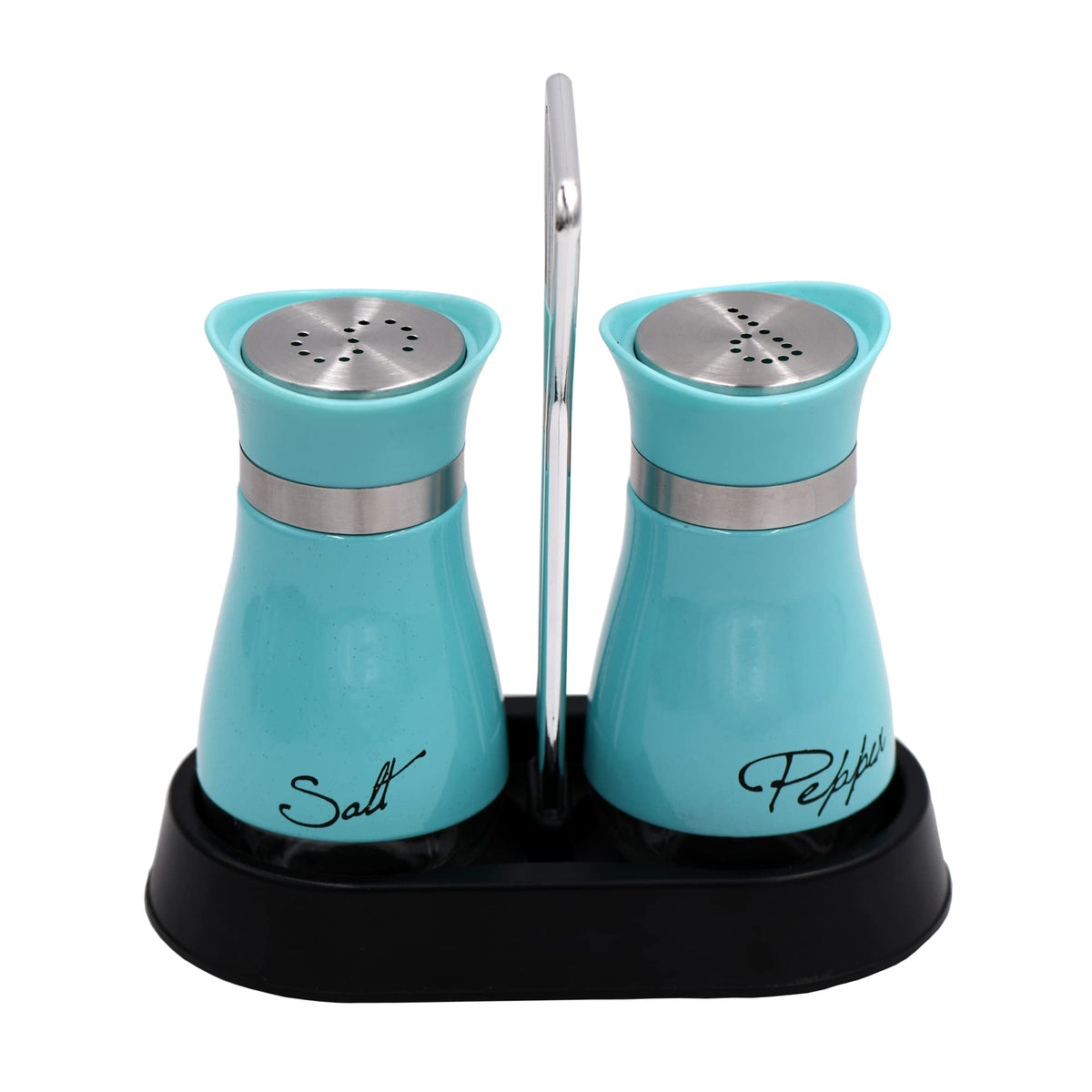 2 Pcs - Stainless Steel And Glass Salt And Pepper Shaker Sets With Holder (Blue)