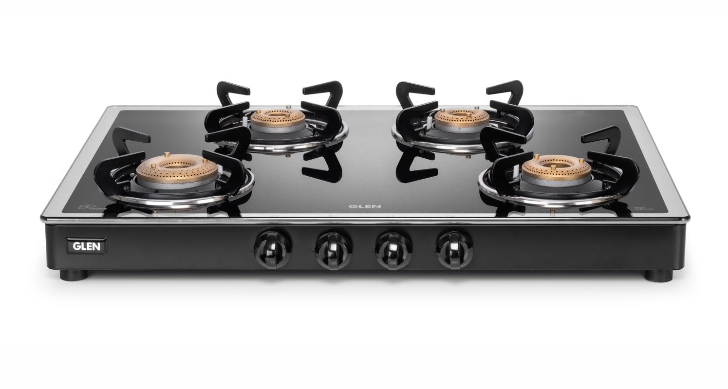 Glen Apex Lpg Gas Stove 4 Burner 70 Cm | Mirror Finished Glass Top | 1 Jumbo,1 Medium & 2 Small Forged Brass Burners | Manual Ig