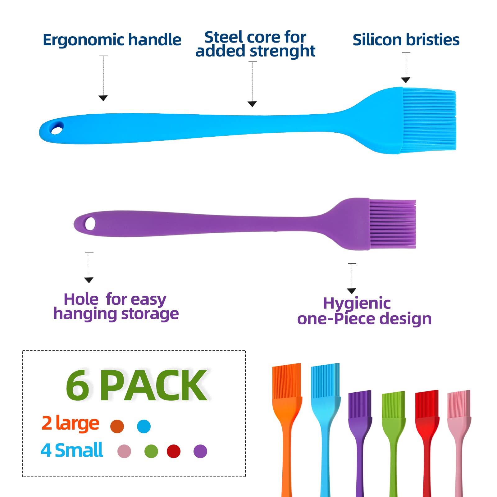 6 PCS CUALORK Silicone Basting Brush  Upgrade Pastry Brush Heat Resistant Silicone Brushes  Premium Cooking Brush for Sauce Marinade Meat Glazing  Oil Brush for BBQ Kitchen Cooking Baking and Grilling