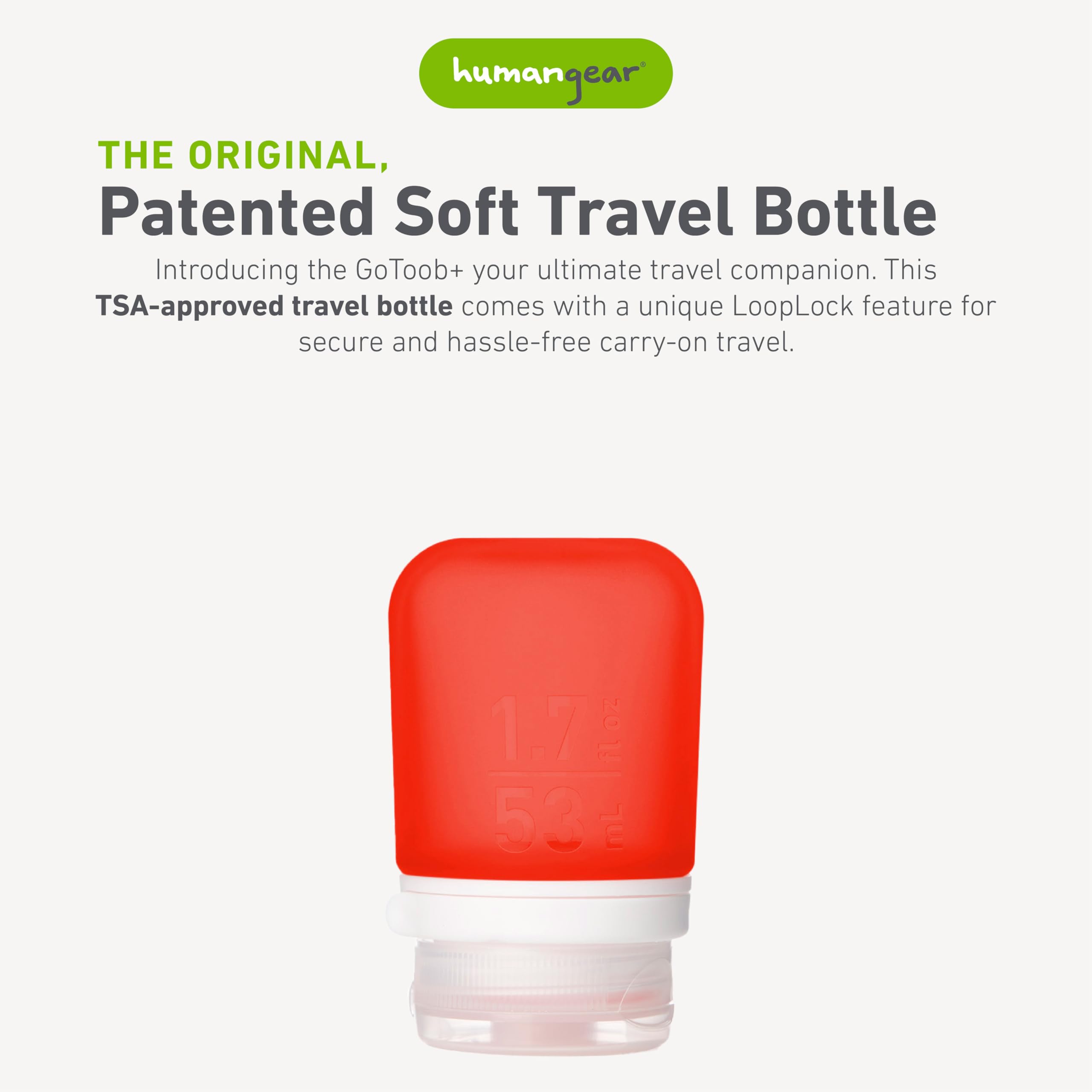 Humangear Gotoob+ (Small) | Refillable Silicone Travel Bottle | Locking Lid | Food-Safe Material | Red, Small (1.7 Fl.Oz; 53Ml)
