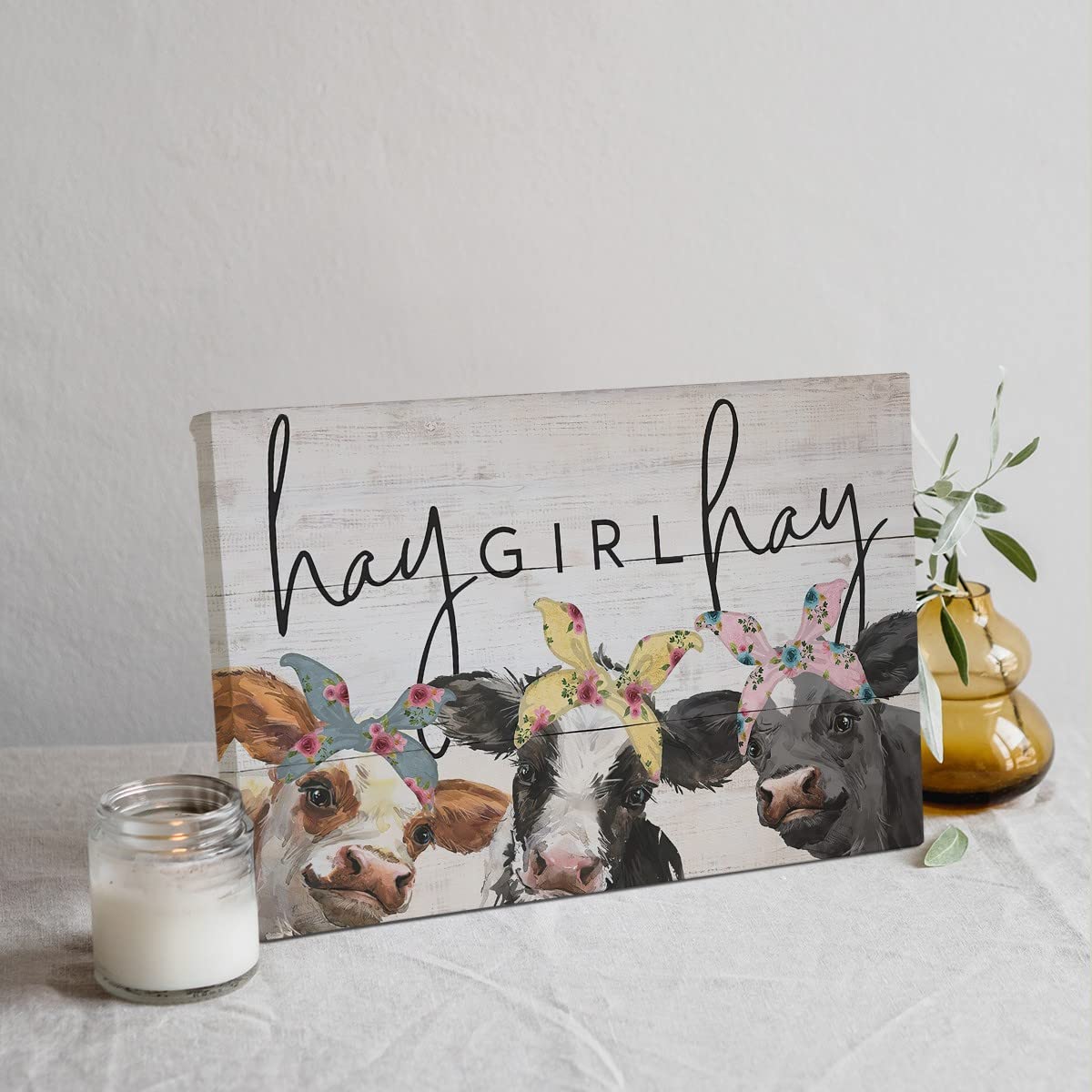 Tizzer Cow Decor, Cow Pictures Wall Decor For Bedroom Bathroom Farmhouse, Hay Girl Hay Cow Paintings, Cow Canvas Wall Art Prints