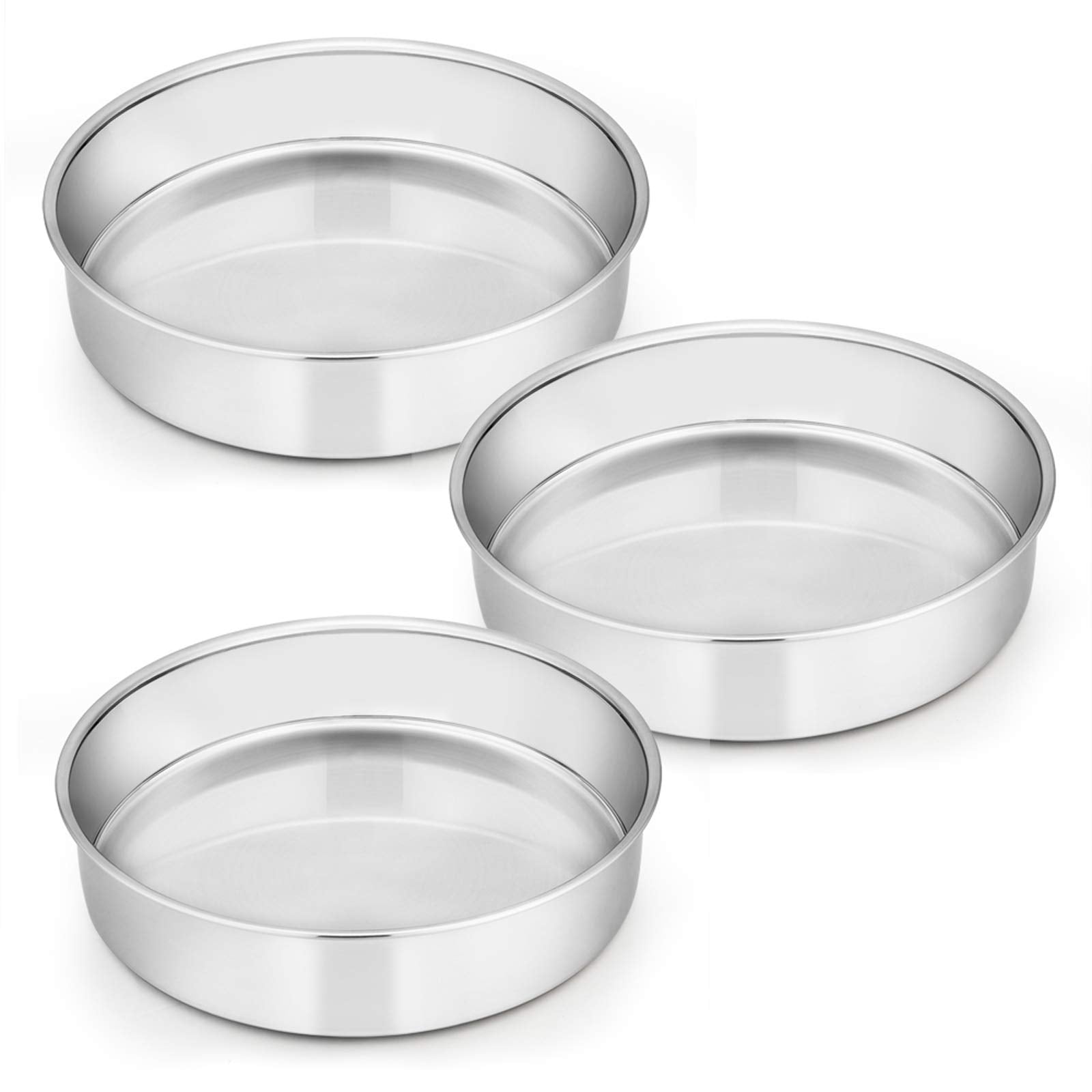 E-Far 8 Inch Cake Pan Set Of 3, Stainless Steel Round Layer Cake Baking Pans, Non-Toxic & Healthy, Mirror Finish & Dishwasher Sa
