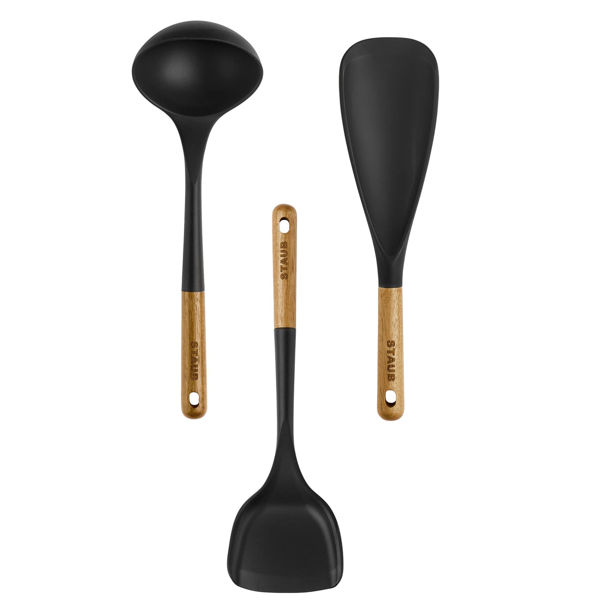 Staub Silicone With Wood Handle Cooking Utensil Set, Matte Black, 3-Pc