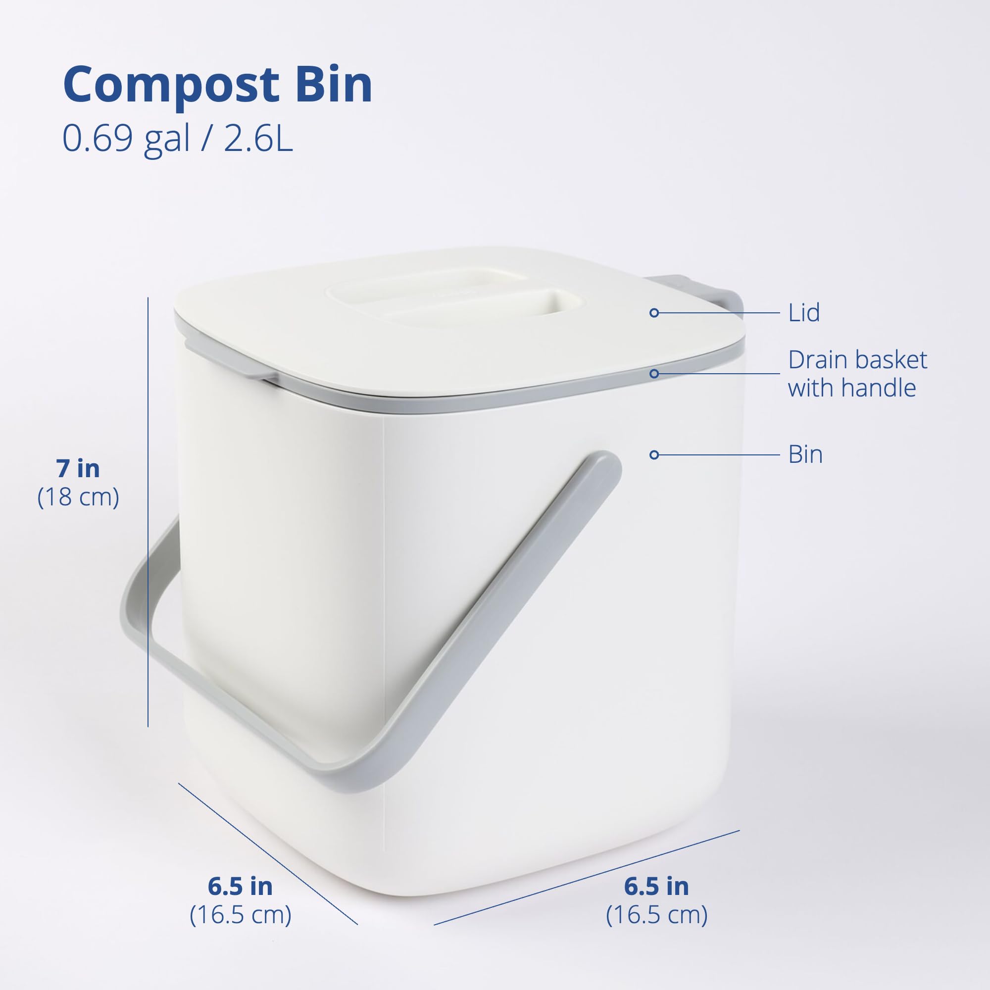 Blue Ginkgo Kitchen Compost Bin - 0.69 Gal / 2.6L Easy Clean Food Waste Bin For Kitchen With Handles | Countertop Compost Bin Ki