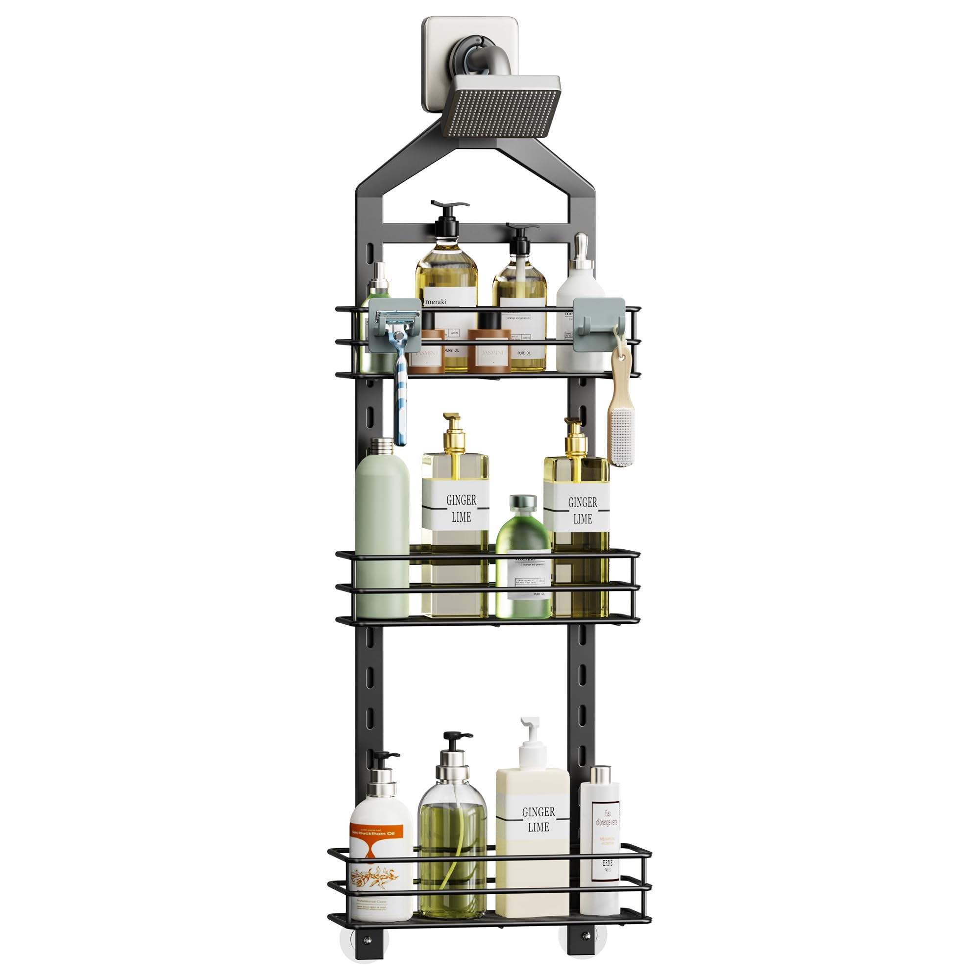 Orimade Adjustable Anti-slip Shower Caddy over Head, Rustproof Bathroom Hanging Organizer with 2 Hooks for Razor, No Drilling Sh