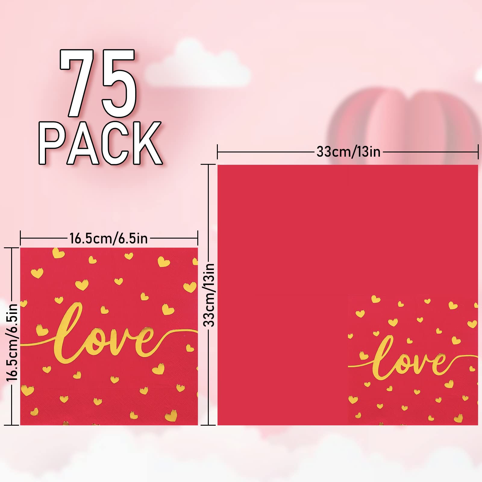 Whaline 75 Pack Valentine'S Day Napkins 6.5 X 6.5 Inch Red Pink Gold Foil Dinner Napkins Love Xoxo Kisses Valentines Disposable