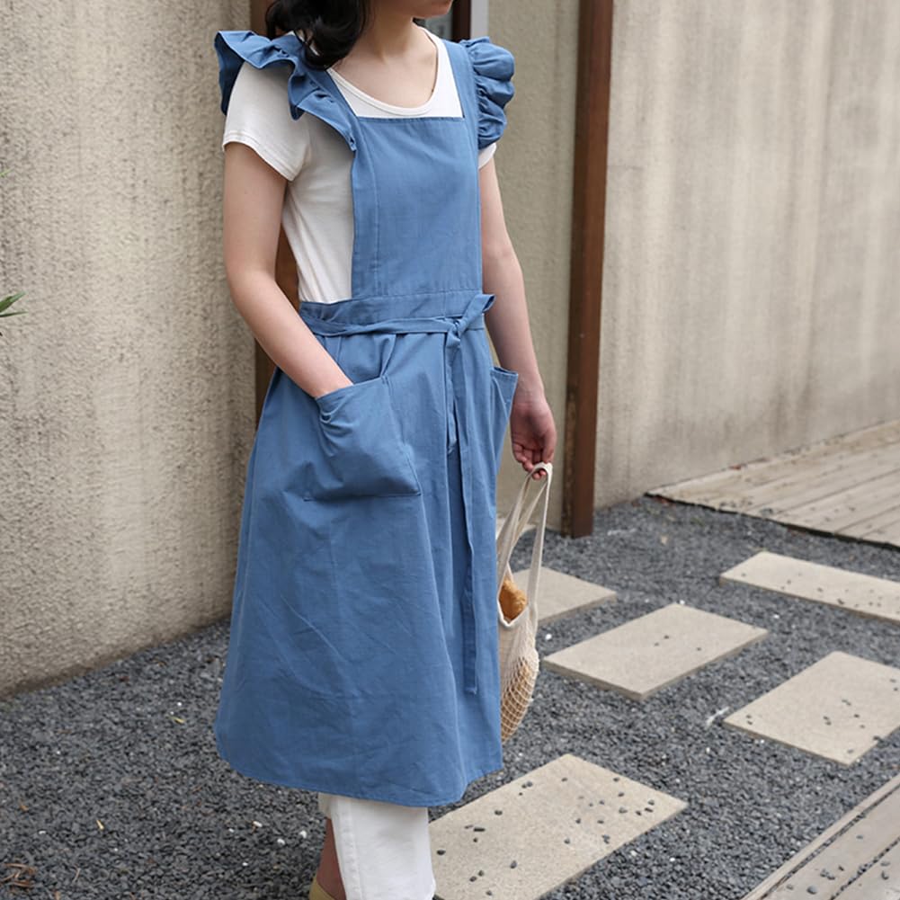 Obeeii Cotton Linen Apron For Women Girls Cross Back Kitchen Cooking Aprons With Pockets Vintage Baking Gardening Work Apron Pin