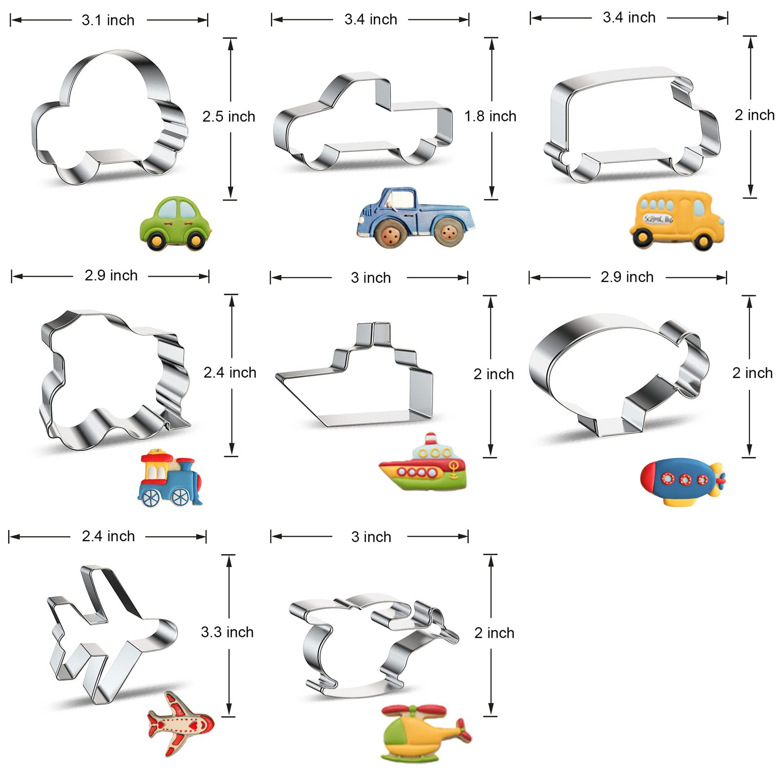 Travel Cookie Cutter Set 8-Piece Transportation And Vehicles Cookie Cutters With Car, Airplane, Train, Bus, Helicopter, Vintage