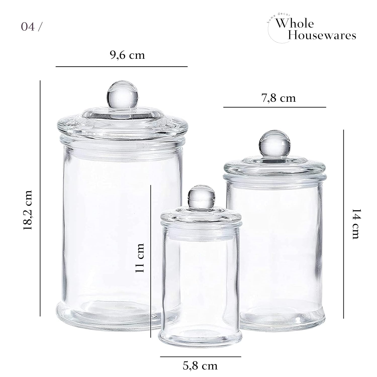 Whole Housewares - Set Of 3 Bathroom Canisters - Storage Container Jars - Premium Glass Apothecary Jars With Lids - Small Glass