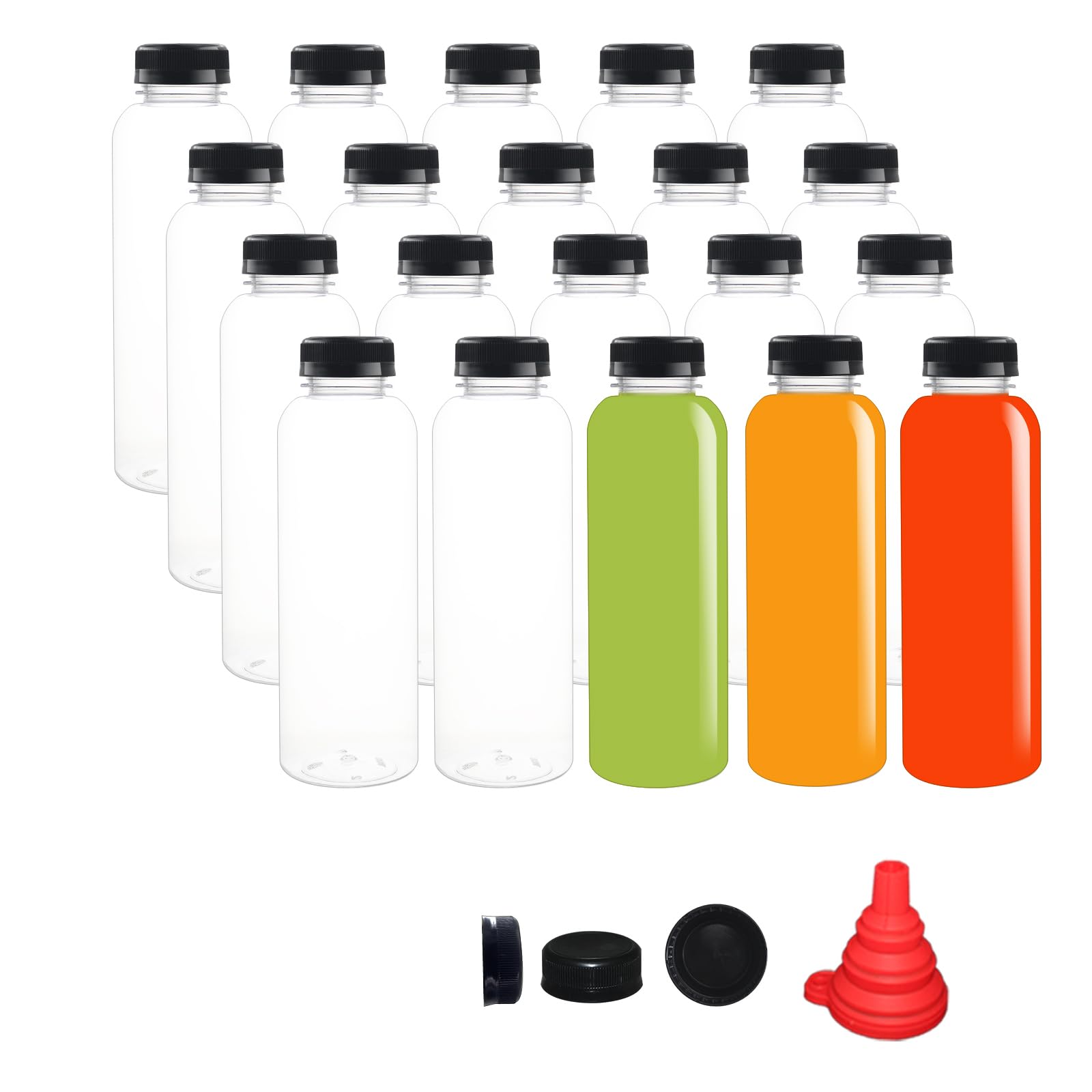 BPFY 20 Pack 16 oz Empty Plastic Juice Bottles with Caps Reusable Beverage Containers with Black Tamper Evident Lids, Funnel for