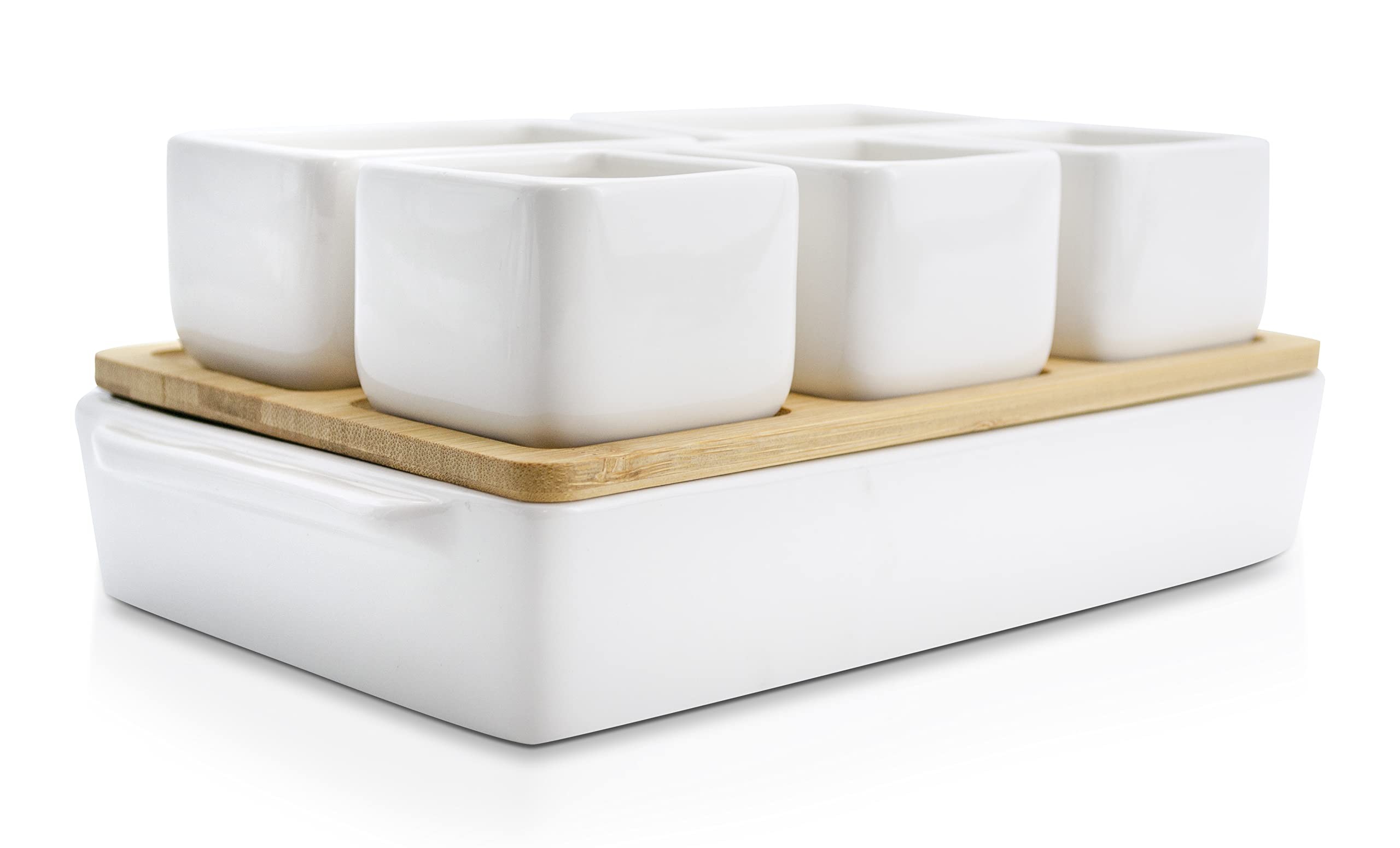 Eternal Living Appetizer Serving Tray Condiment Server With Bamboo Tray 7 Pieces Set, Ceramic