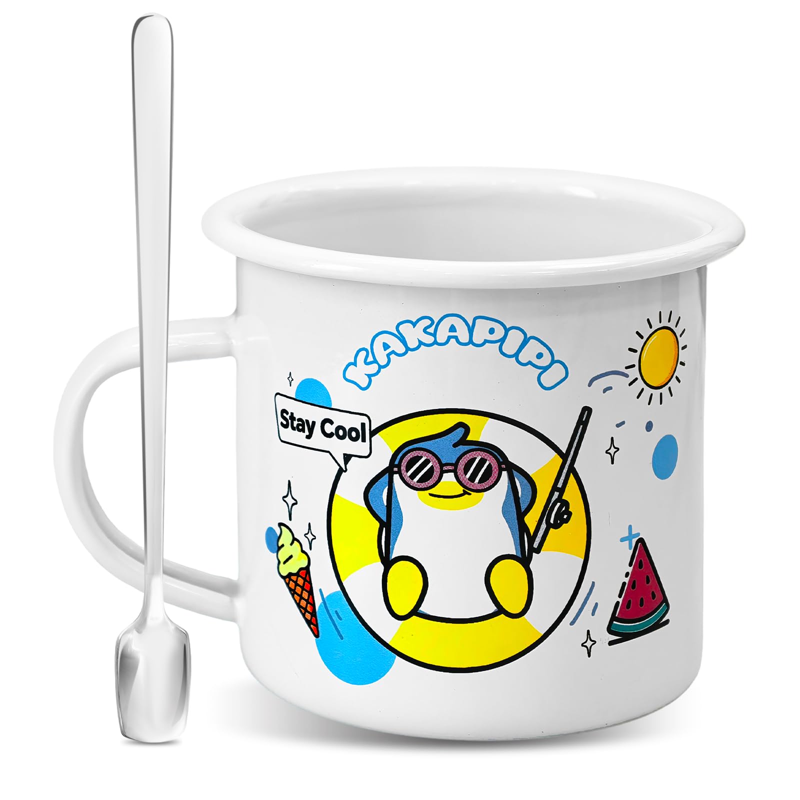 KAKA PIPI 12oz Enamel Mug with Spoon  Cute Coffee Cup