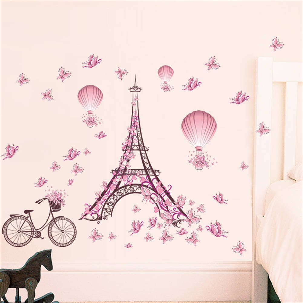 Bibitime Romantic France Paris Eiffel Tower Wall Decals For Girls Room Flower Bike Butterflies Hot Air Balloon Vinyl Sticker Val