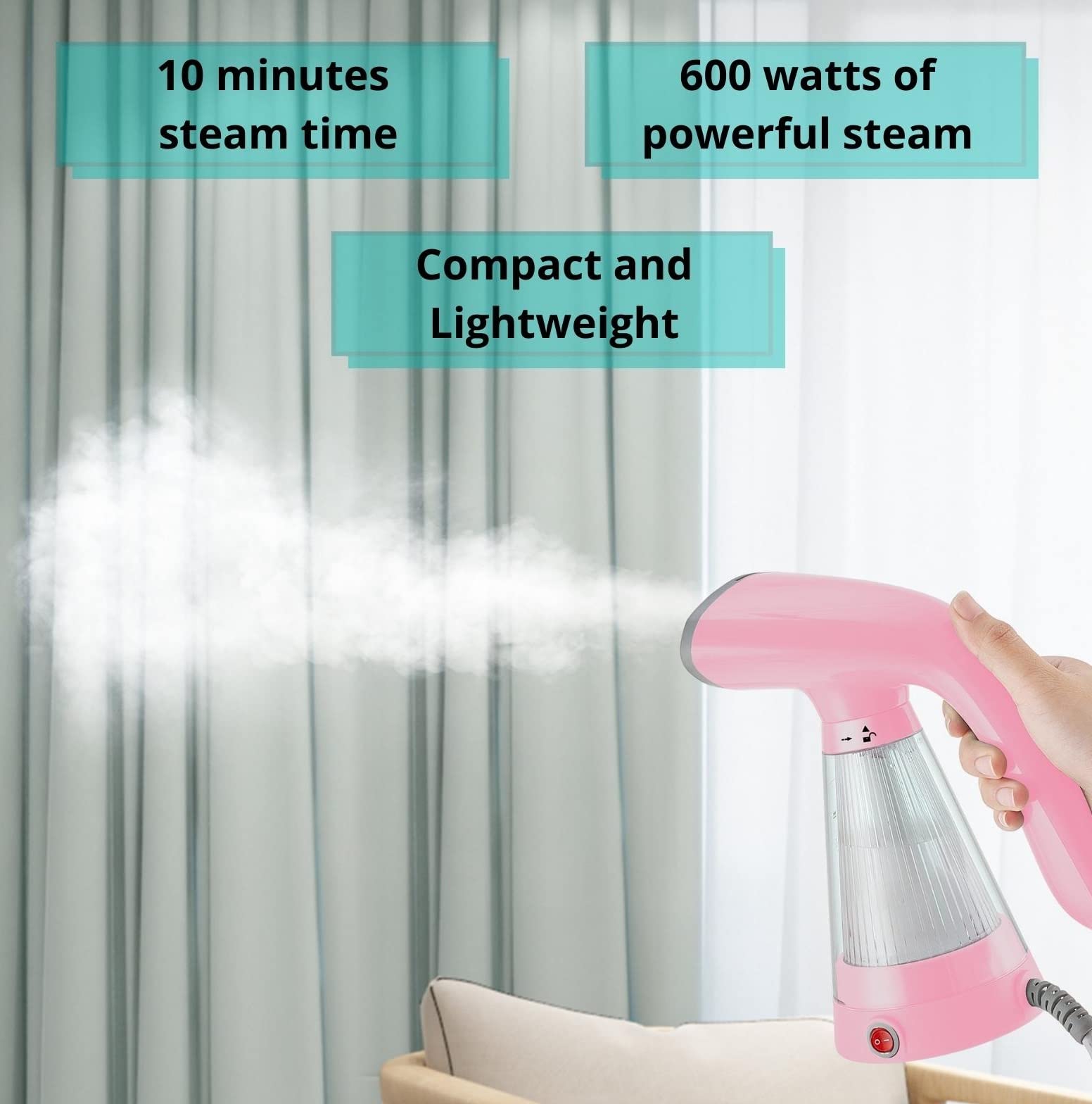 True & Tidy Tidysteam Handheld Garment Steamer With Stainless Steel Steam Plate, 600 Watts (Handheld Steamer, Pink)