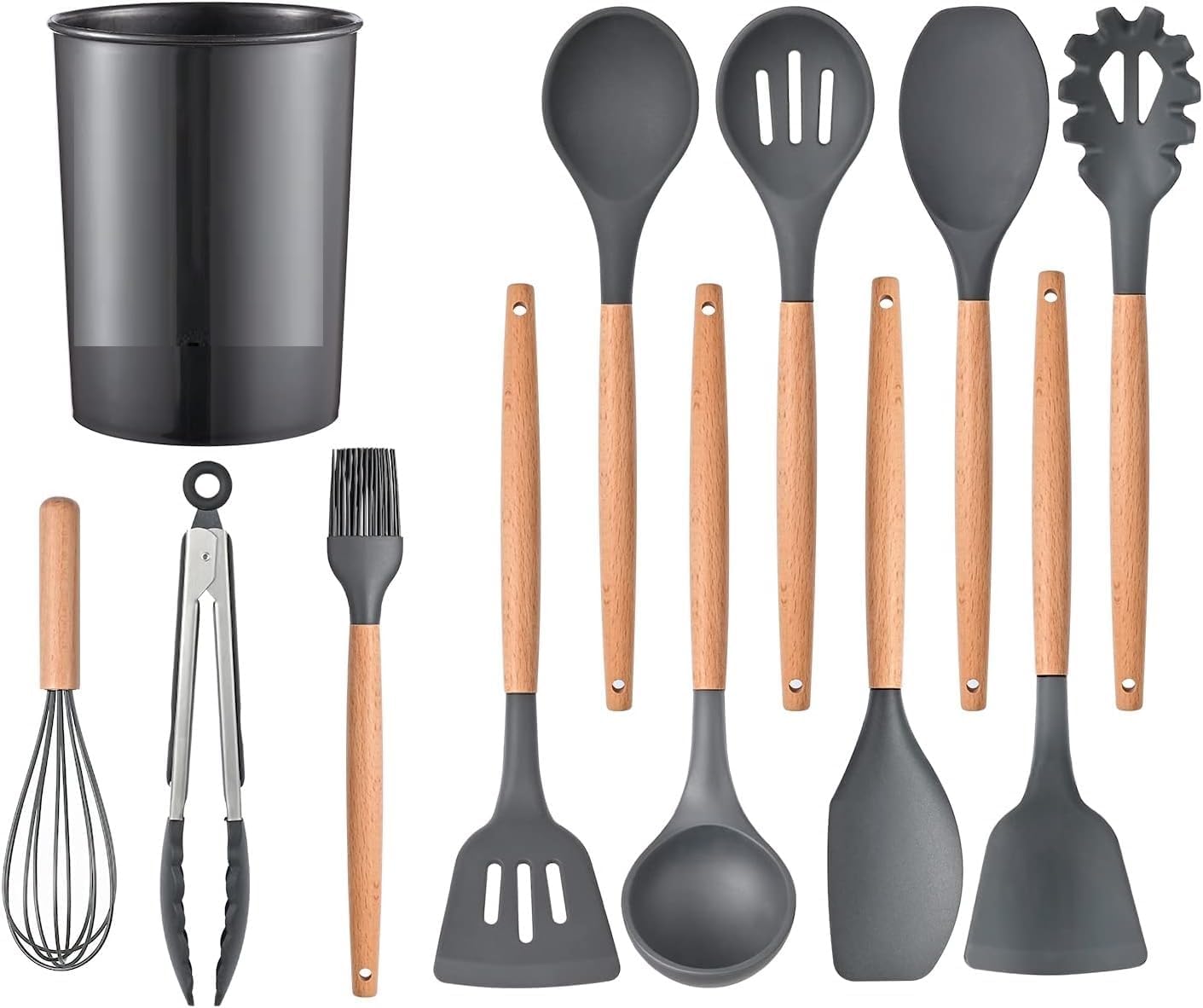Silicone Kitchen Utensil Set With Wooden Handles And Holder, Cooking Tools Including Ladle, Slotted Turner, Spoon, Spatula, Past