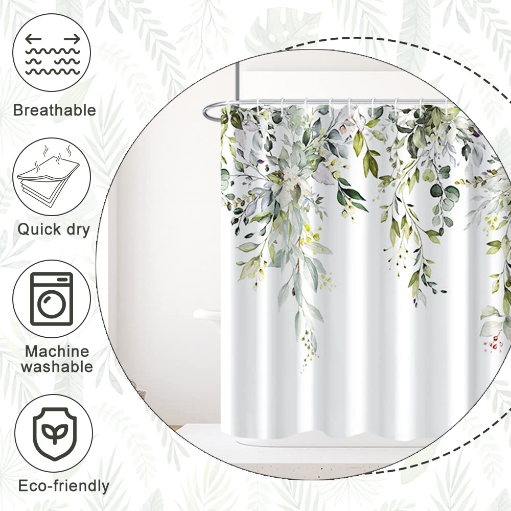 Ruelvth Green Eucalyptus Shower Curtain, Spring Watercolor Plant Leaves With Floral Shower Curtain For Bathroom Waterproof Fabri