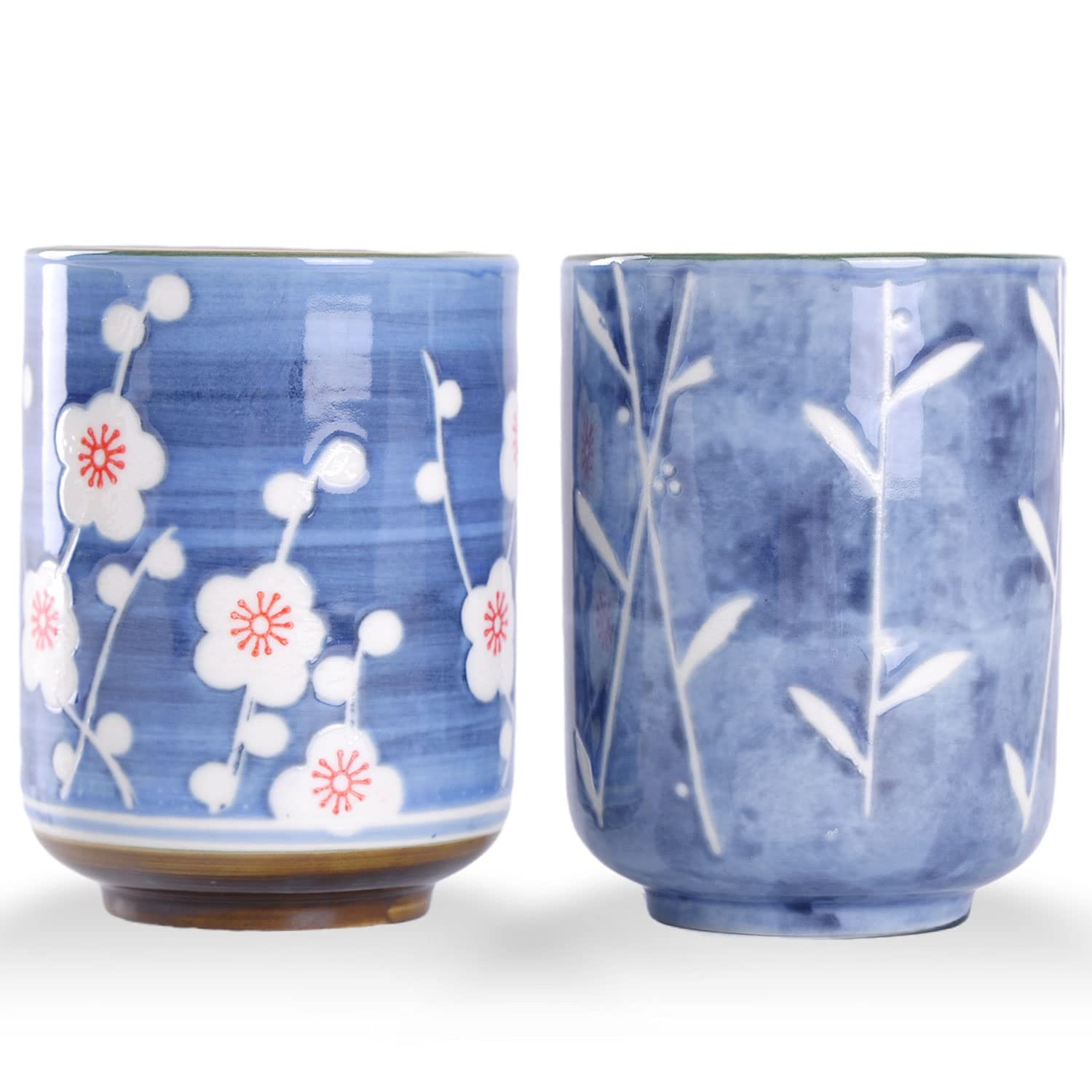 WHJY 10oz Transitional Chinese/Japanese style Handleless Ceramic Tea cups teacup, Cherry Bloom & Rush straw in Blue Sky Pattern