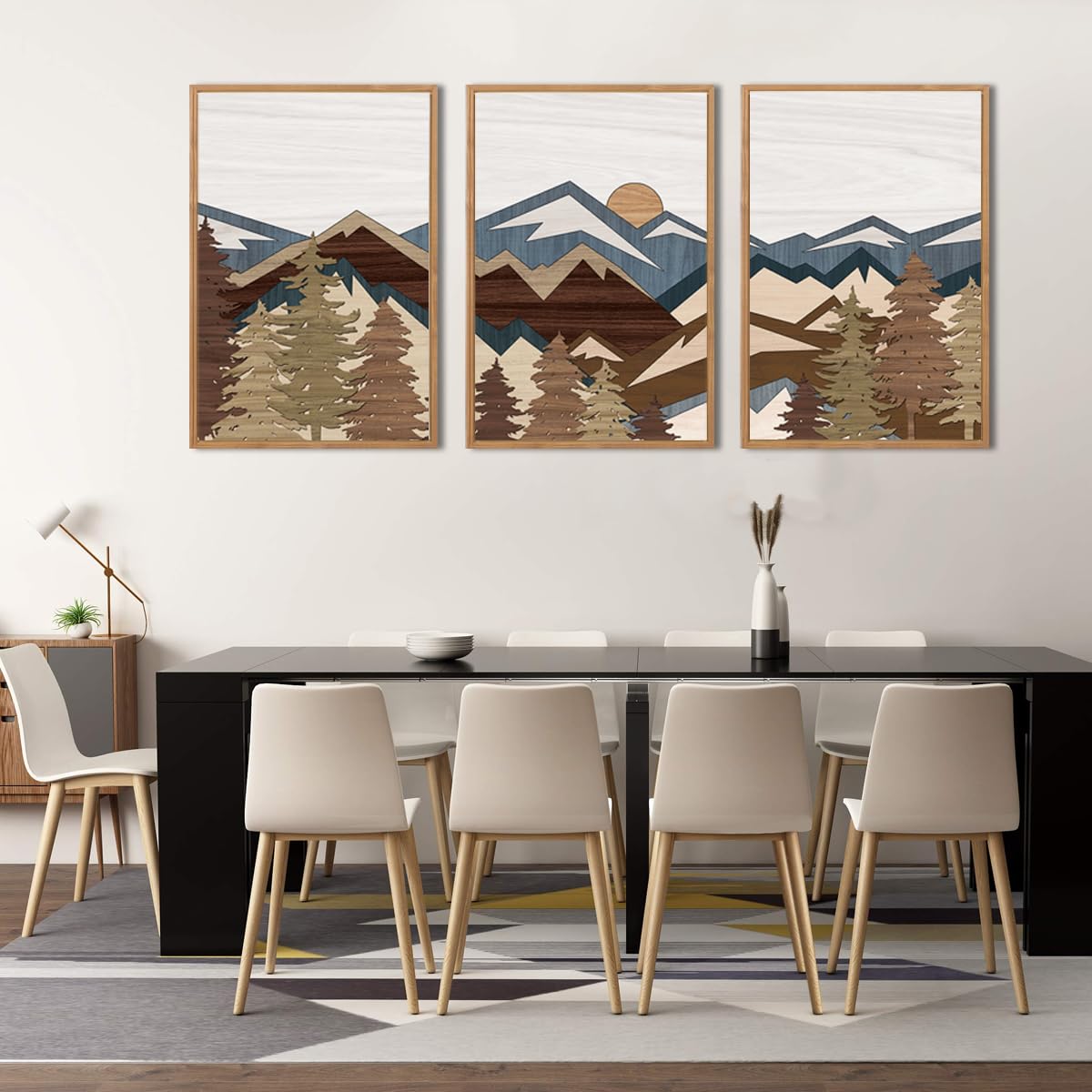 Bincue Large Boho Mountain Canvas Framed Wall Art Set Of 3 Forest Mountain Sun Wall Decor Boho Artwork For Living Room Bedroom O