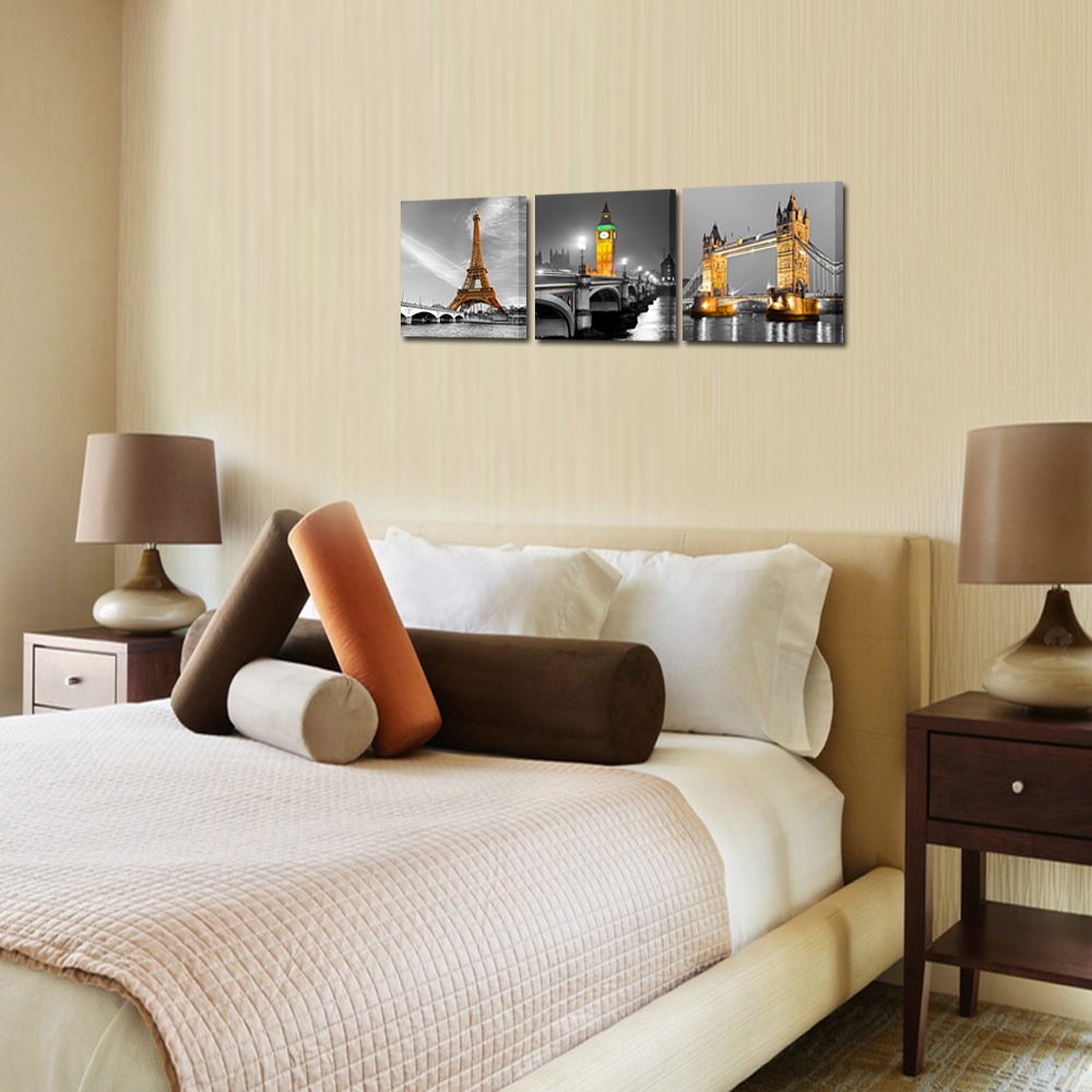 Kreative Arts - 3 Panel Paris Effiel Tower Canvas Painting Picture City Building London Bridge Big Ben Landscape Wall Art Modern