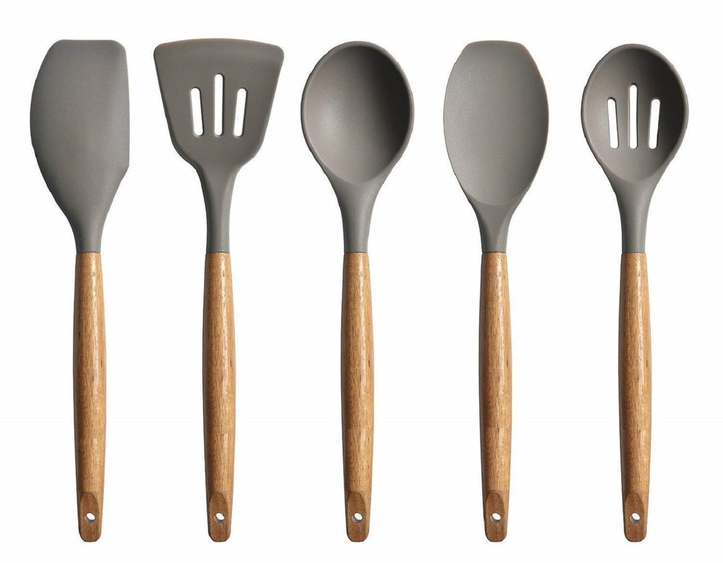 Zilltoyin 5Piece Silicone Spatula Set With Wooden Handle Kitchen Utensils Spatula Set  NonStick Cookware  Slotted Non Stick 