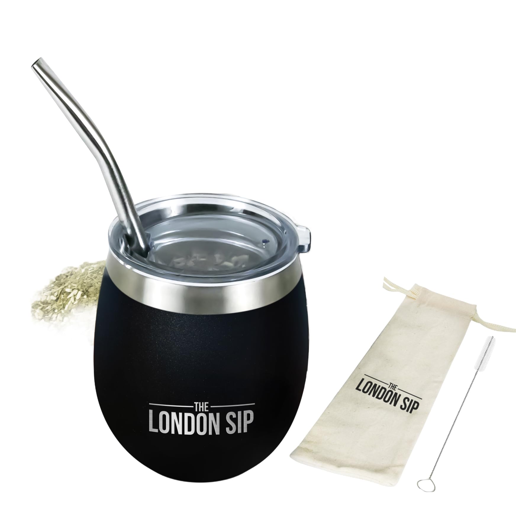 London Sip Yerba Mate Cup, Stainless Steel DoubleWall, Includes 1 Gourd, Spill Resistant Lid, Straw, Bombilla Cleaning Brush, A