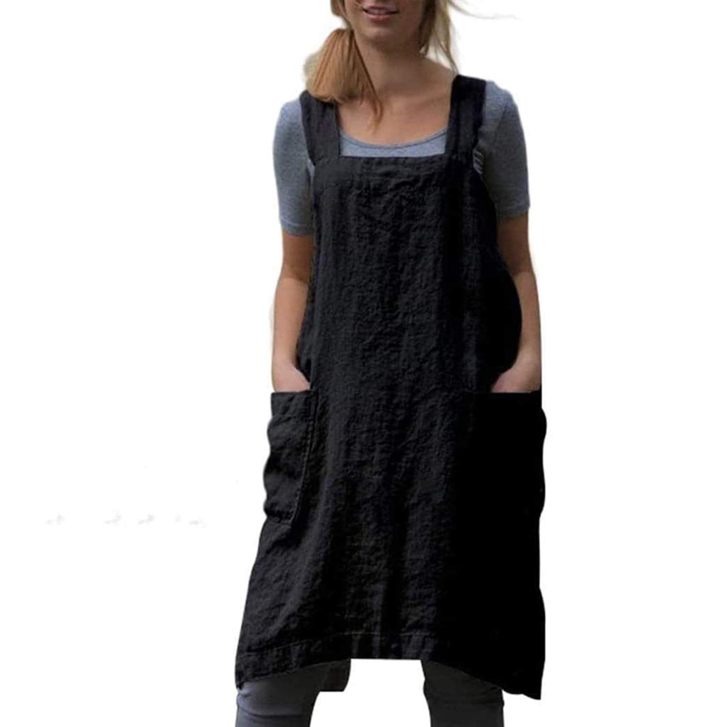 Yesdoo Cotton Linen Apron Cross Back Apron For Women With Pockets Pinafore Dress For Baking Cooking,Black,Medium