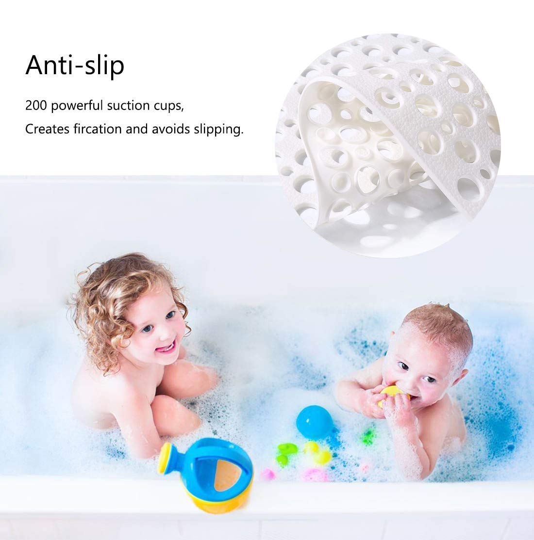 Mantto Nonslip Bath Tub Shower Mat with Suction Cups  Extra Soft TPE Bath Mat for Kids  Bathtub Bathroom Mats  Machine Washable  Smooth/Non-Textured Tubs Only  30L x 17W Inch(White)