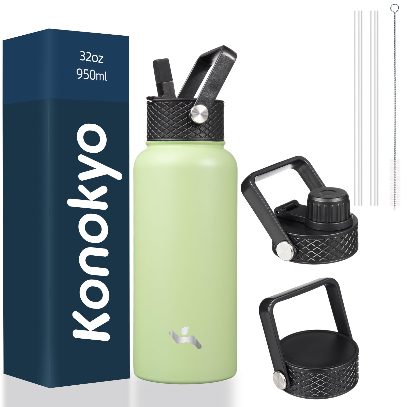 Konokyo Insulated Water Bottle 32Oz Stainless Steel Water Bottles With 3 Lids,Macaron Green