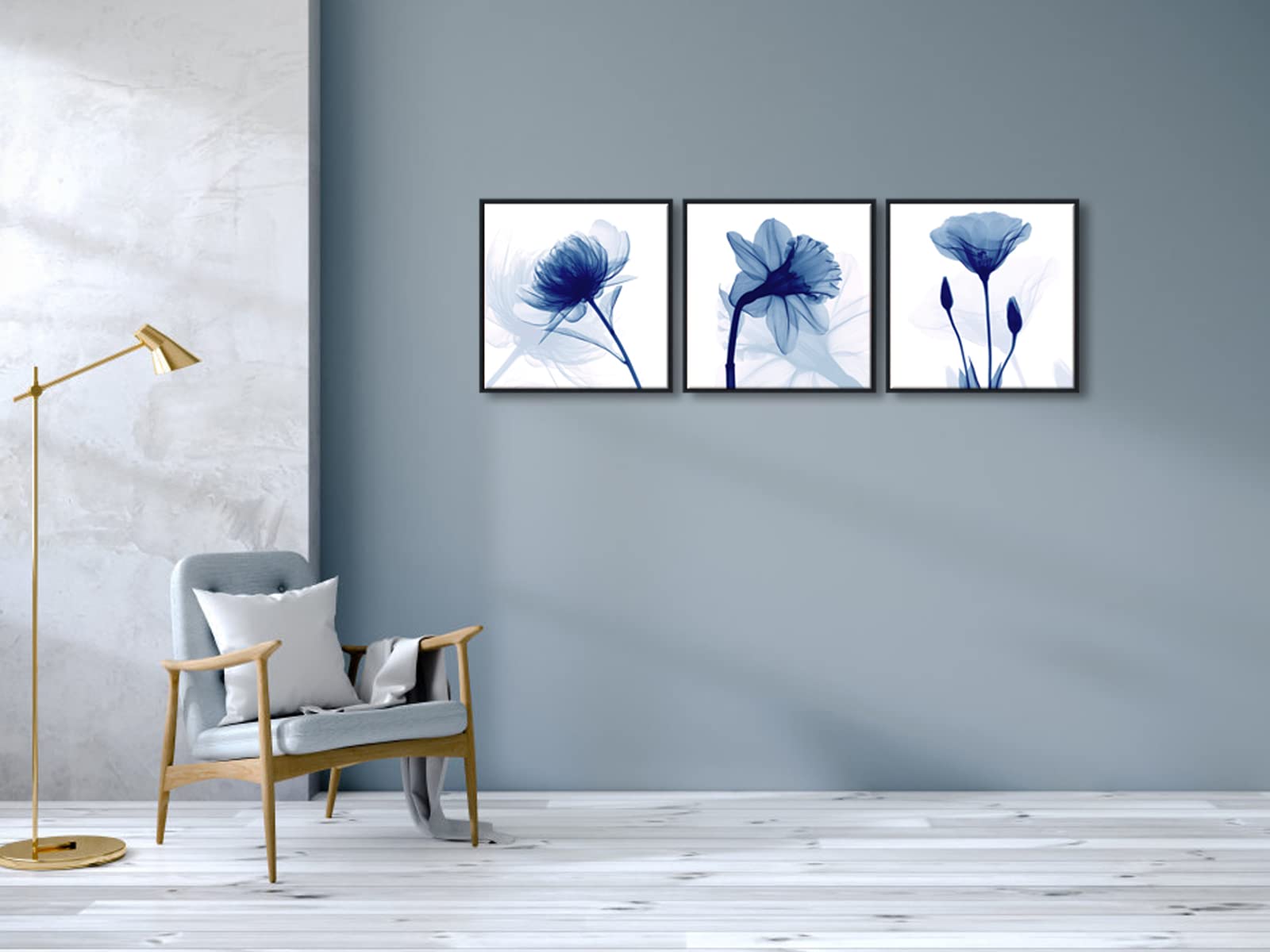 Wieco Art Framed Wall Art Blue Abstract Flowers 3 Panels Canvas Prints Home Art Modern Artwork Wall Pictures For Living Room Bed