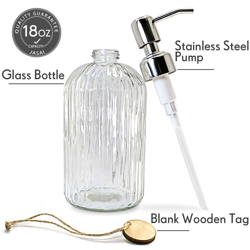 JASAI 18 Oz Clear Glass Soap Dispenser with Rust Proof Stainless Steel Pump  Refillable Liquid Hand Soap Dispenser for Bathroom  Premium Kitchen Soap Dispenser (Clear).
