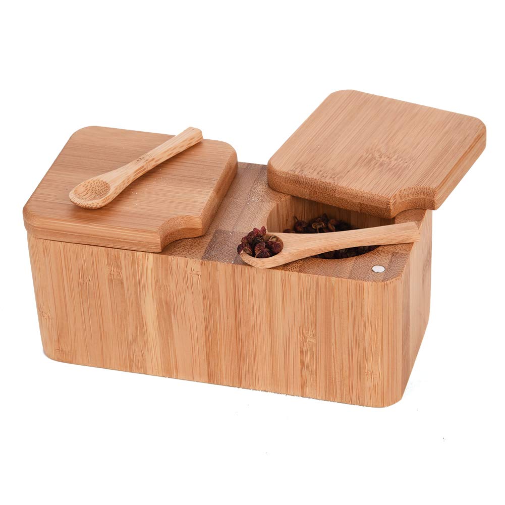 Bamboo Swivel Salt Pepper Spice Box Cellars Pinch Pot With Magnetic Lid-2 Pot For Herbs And Spices + 2Pcs Mini Salt Spoon