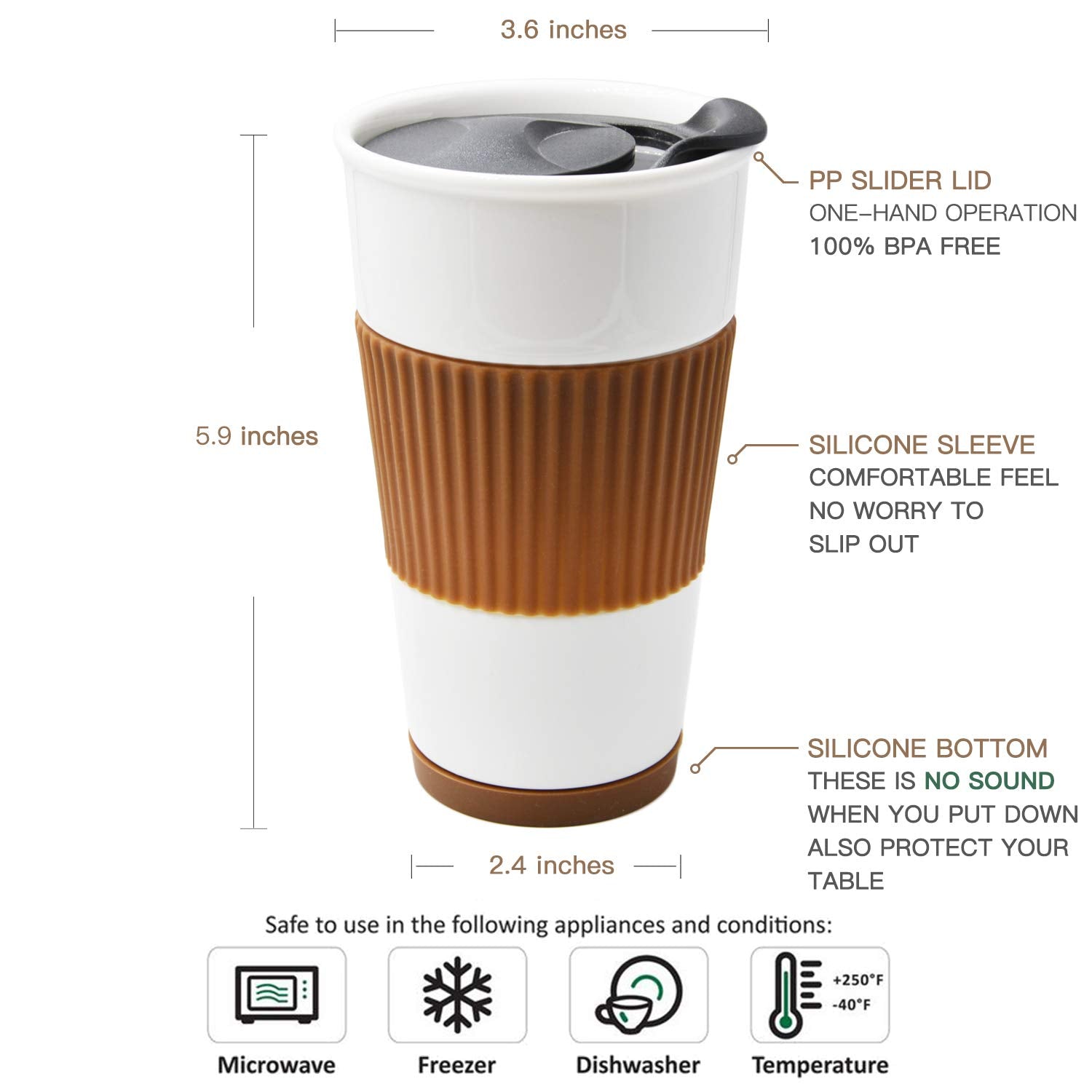 Udmg Ceramic Double Wall Insulated Travel Coffee Cup With Slider Lid, Silicone Sleeve & Built-In Coaster, 10 Fl.Oz (Coffee)