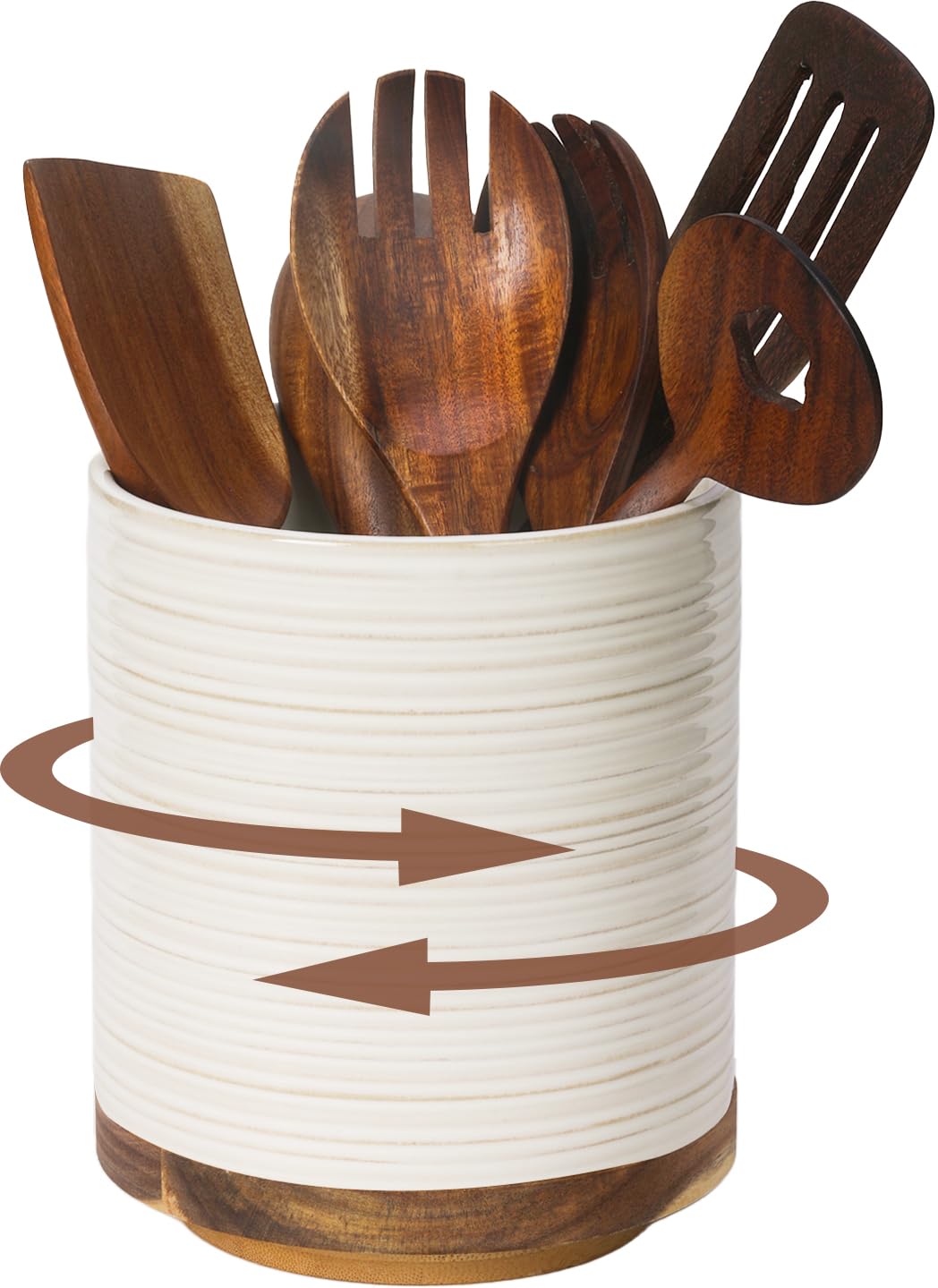 DOWAN 360 Rotating Extra Large Utensil Holder, 7.6 Cooking Caddy for Countertop, Ceramic Stable Crock for Farmhouse Kitchen Deco