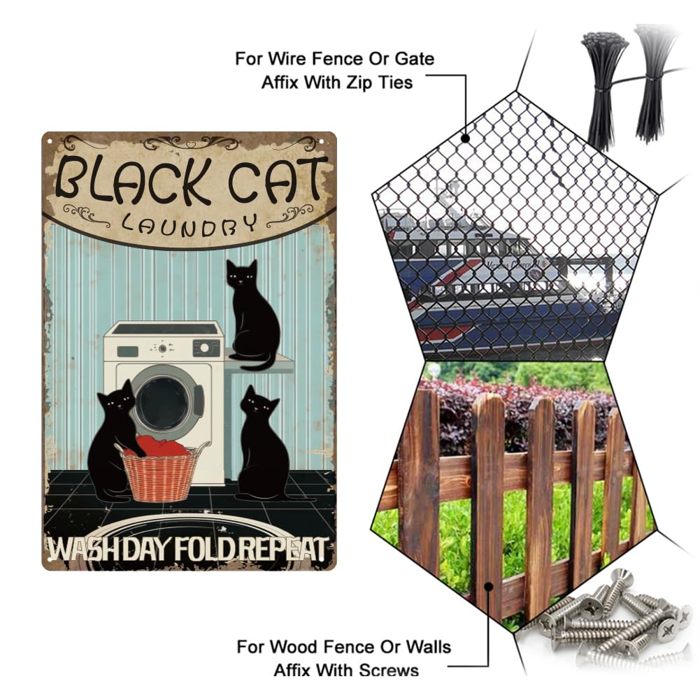 SUPERDANT Black Cat Metal Tin Sign Vintage Laundry Room Sign Washday Fold Retro Metal Poster Art Tin Sign Black Cat Washroom Dec
