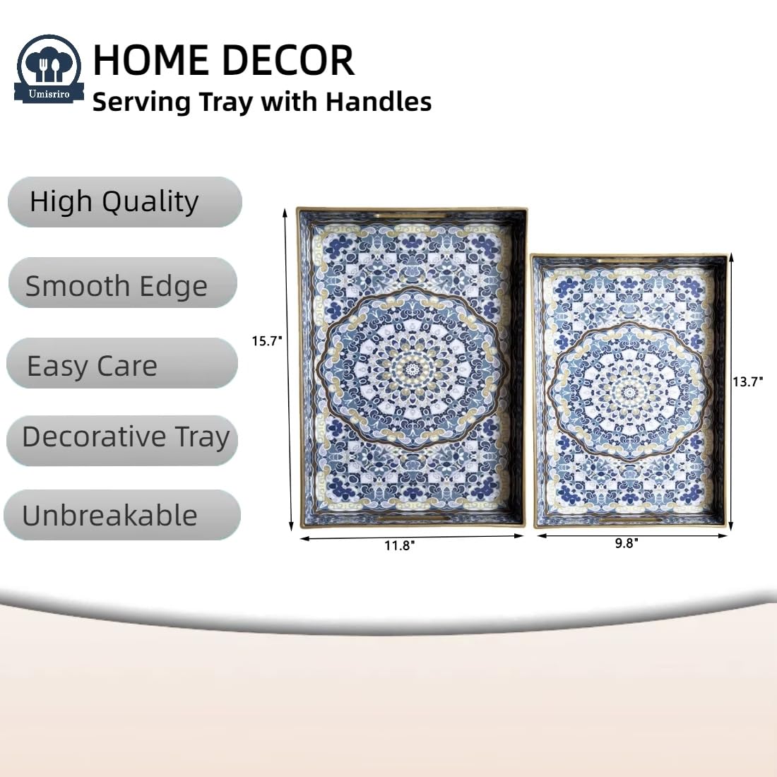 Umisriro Boho Decorative Tray, Modern Blue Serving Tray With Handles, Ottoman Trays Set Of 2, Plastic Coffee Table Tray For Livi