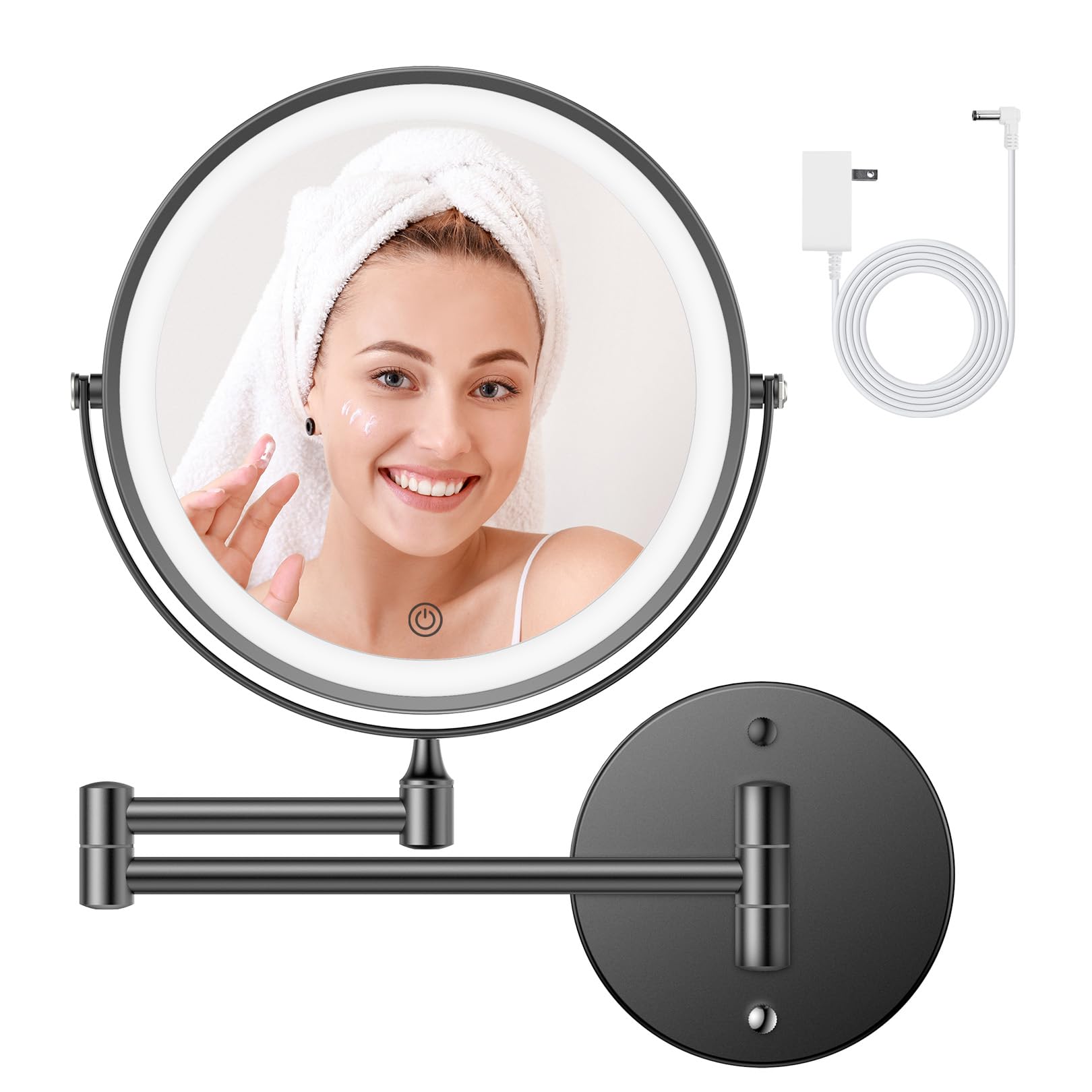 Fascinate Rechargeable Wall Mounted Makeup Mirror With Lights And Magnification, 8 Inch Double Sided 1X 10X Magnifying Bathroom
