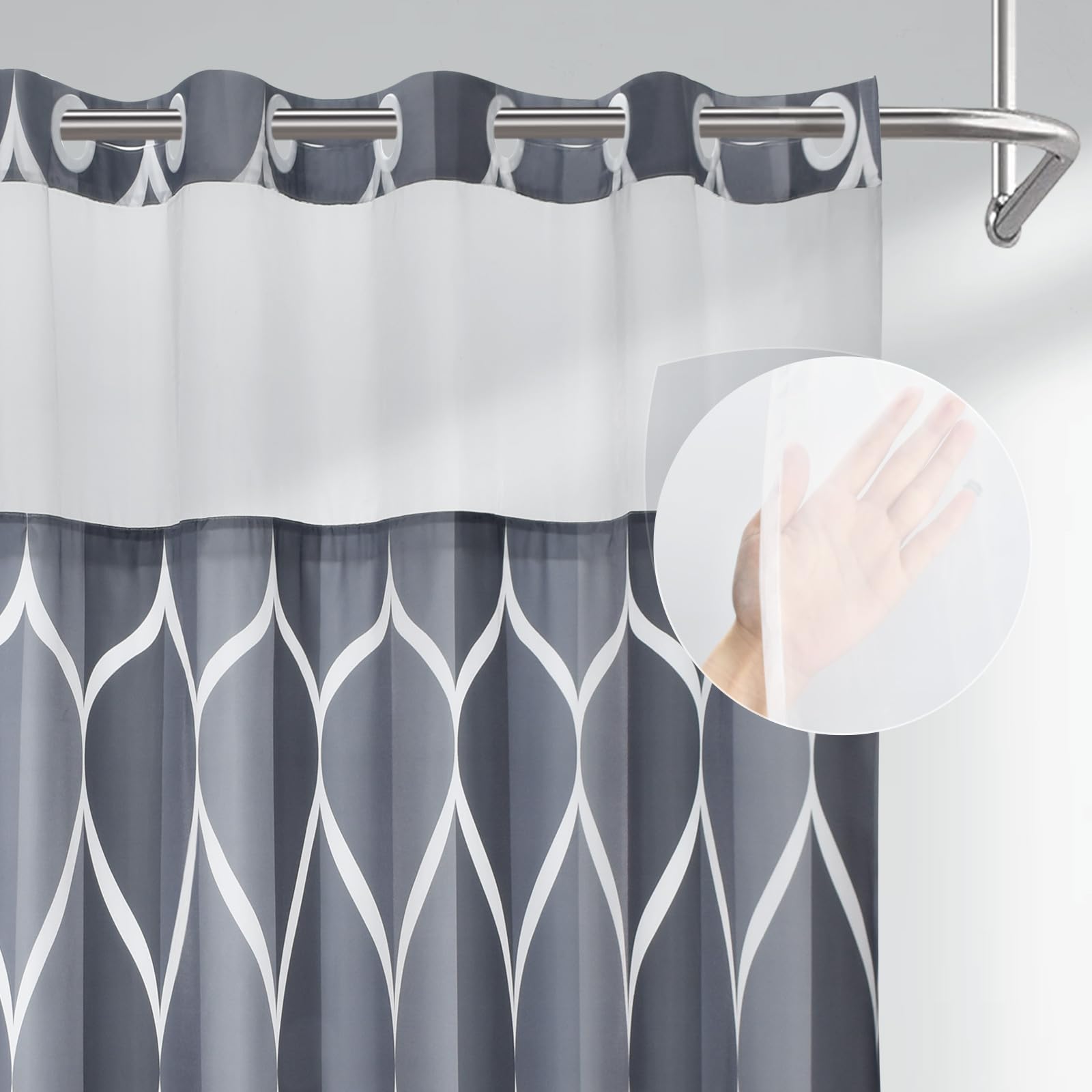 Yiatn Grey Blue No Hook Shower Curtain With Snap In Liner - Hotel Style With See Through Mesh Top Window, Modern Geometric Water