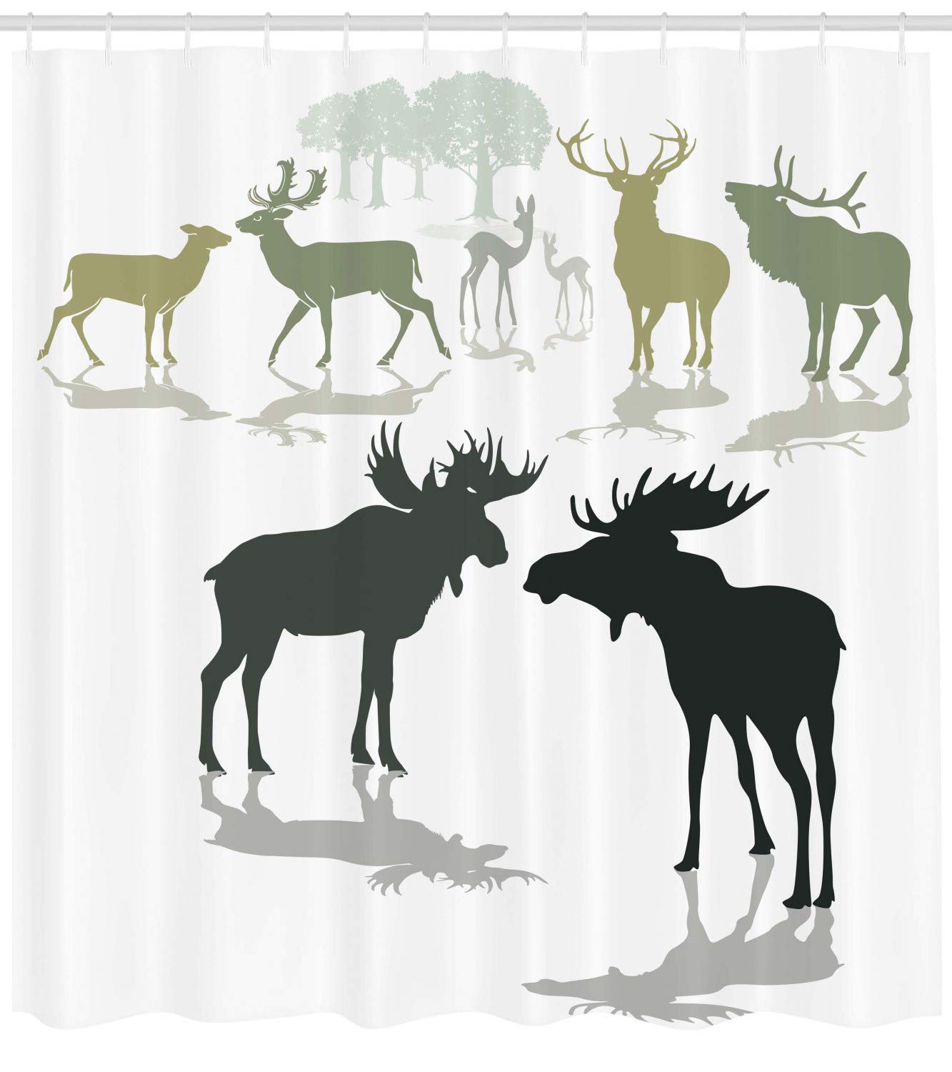 Ambesonne Antlers Shower Curtain, Elk Deer And Fawn Silhouette Forest At The Background World Natural Habitat Theme, Cloth Fabri