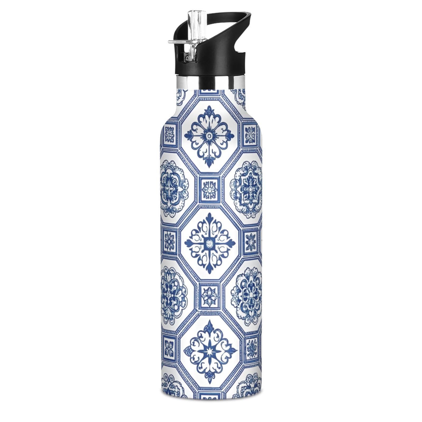 FLildon 20oz Water Bottle with Straw Lid, Talavera Ceramic Blue Stainless Steel Sport Water Bottle LeakProof DoubleWall Vacuum