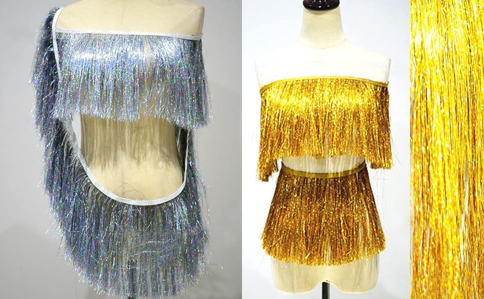 YYCRAFT 8 Wide Dance Costume Fringe Trimming - Shiny foil Effect Party Decor (5 Yards, Laser Gold)