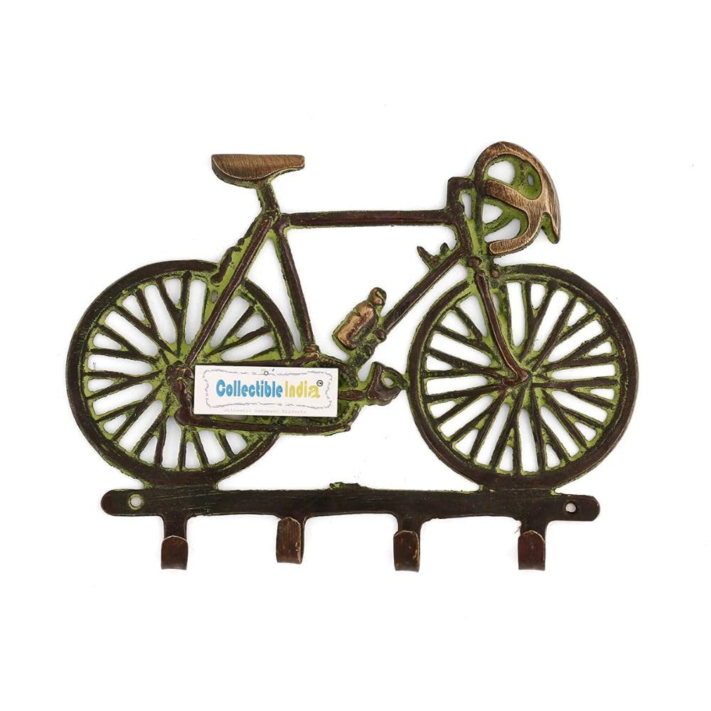 Collectible India Antique Brass Key Holder Bicycle Design Decorative Wall Mounted Key Hanger (Antique Green)