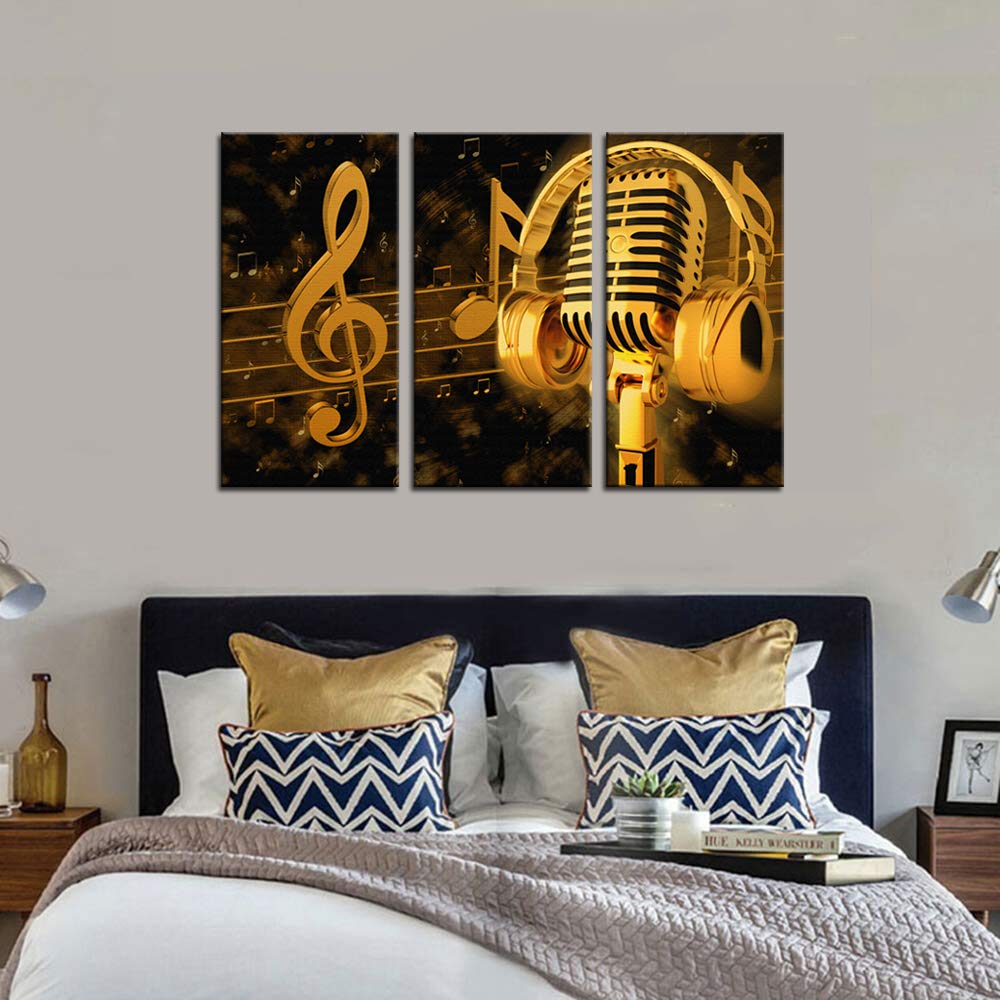 Biuteawal - Music Artistic Paintings Wall Art Gold Metal Microphone And Headset Note Picture Canvas Giclee Print Modern Home Stu
